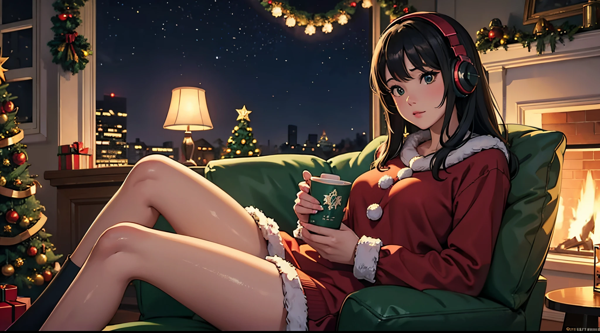 lofi brunette girl sitting on a couch with headphones on and a christmas tree in the background, trending on cgstation, cozy wallpaper, artwork in the style of guweiz, christmas night, [ 4 k digital art ]!!, lofi girl, extremely detailed artgerm, trending at cgstation, relaxing mood, nightcore, christmas vibe, cozy, christmas decorations, fireplace, night, christmas green sweather