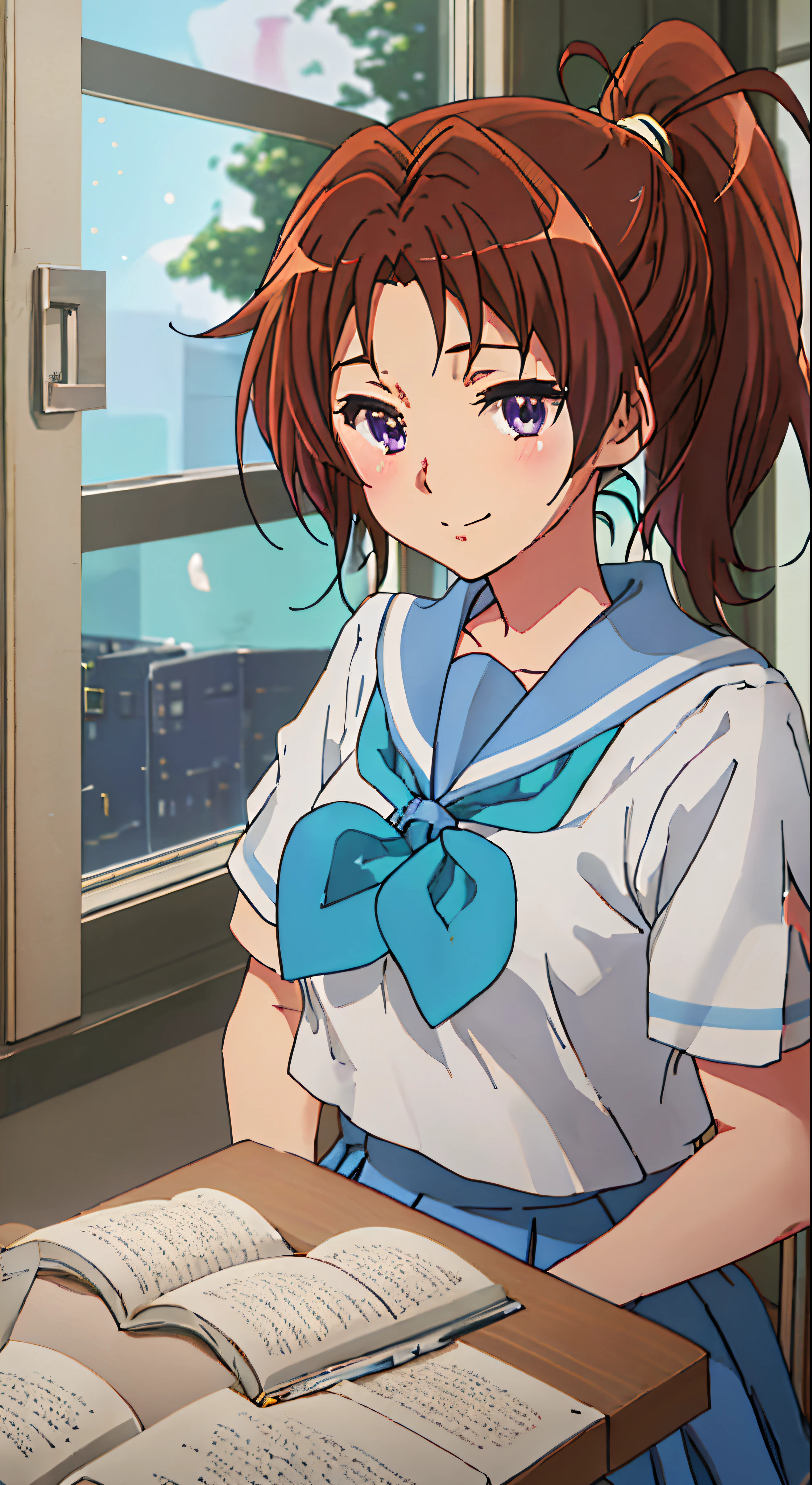 Best Quality, masutepiece, hight resolution, Solo, {Nakagawa_natsuki_Sound Euphonium:1.15}, brown_hair, Ponytail, long_hair, Purple_Eyes, blush, serafuku, Closed_Mouth, Indoors, Bangs, 1girl in, Blue_neckerchief, Blue_sailor_Collar, Hokuyuji Temple_high_School_uniform, neckerchief, sailor_Collar, School_uniform, Shirt, white_Shirt, crass room, up looking_で_viewer, Chair, A smile