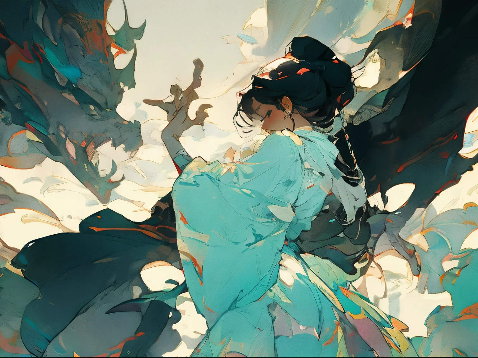 Anime girl in a blue dress standing in front of a tree - SeaArt AI