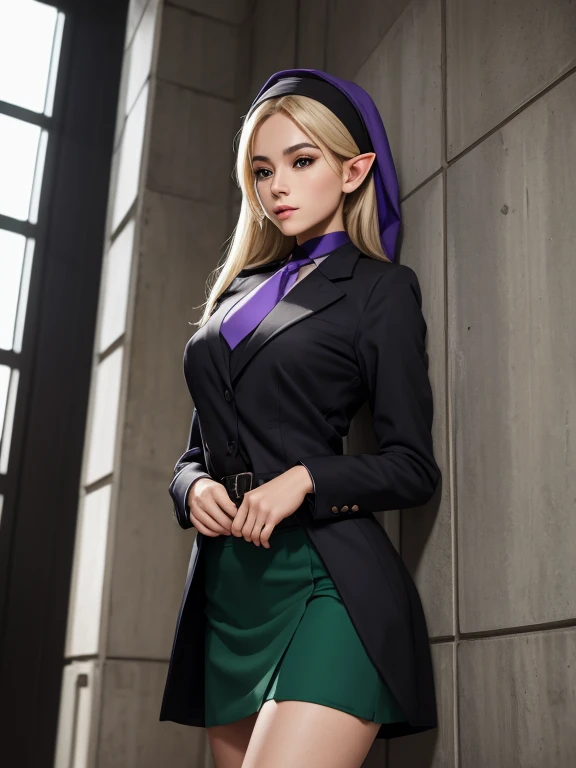 (masterpiece, best quality:1.2),illustration,8k,hd,1girl,solo,upper body,(portrait:1.2),st. theresa's girls academy school uniform,pointy ears,twintails,elf,blonde hair,necktie,black coat,grey shirt,purple eyes,choker,wrist scrunchie,scrunchie,pleated skirt,black choker,red skirt,green necktie,open clothes,hair between eyes,socks,thigh strap,loafers,