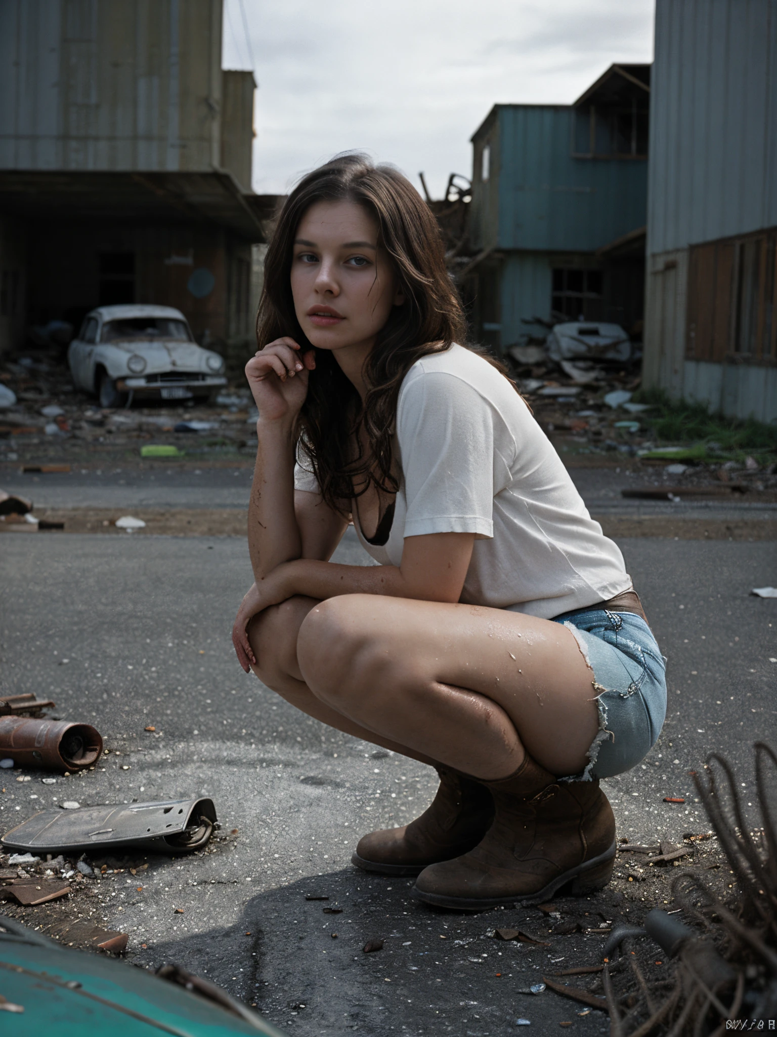 1girl, 30 years old, long curly brown hair, sweaty and dirty body, glamorous body, white shirt, short shorts, m, cowboy boot, ((girl squatting down on the ground)), attractive pose, look at the viewer, beautiful and bold, seductive and attractive, pointed breasts, deserted road, dirt road, ((abandoned cars)), abandoned objects, abandoned road, apocalyptic scenery, (film grain, chromatic aberration, sharp focus, in the dark, deep shadow, low key, cold light), luxury commercial advertising