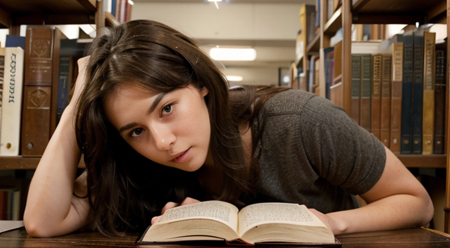 22 year old brunette student masturbating under the library table in an old university library, she is reading erotica