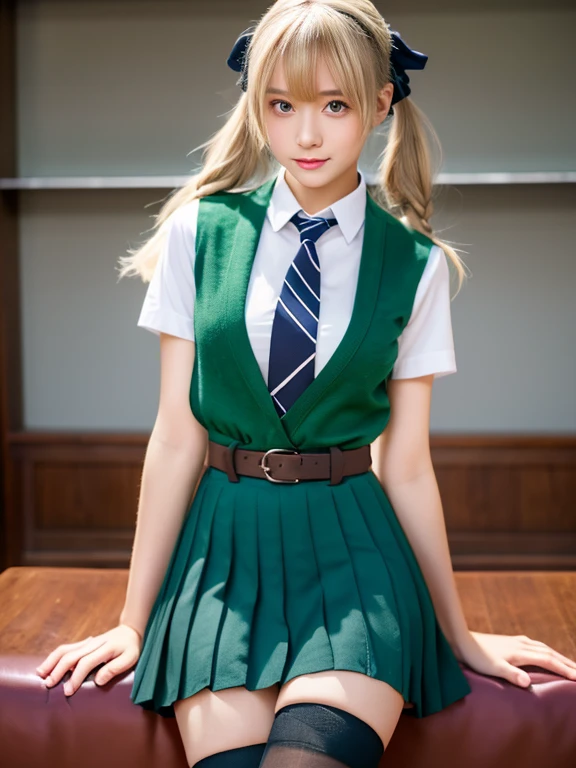 (masterpiece, best quality:1.2),illustration,8k,hd,1girl,solo,upper body,(portrait:1.2),st. theresa's girls academy school uniform,pointy ears,twintails,elf,blonde hair,necktie,black coat,grey shirt,purple eyes,choker,wrist scrunchie,scrunchie,pleated skirt,black choker,red skirt,green necktie,open clothes,hair between eyes,socks,thigh strap,loafers,