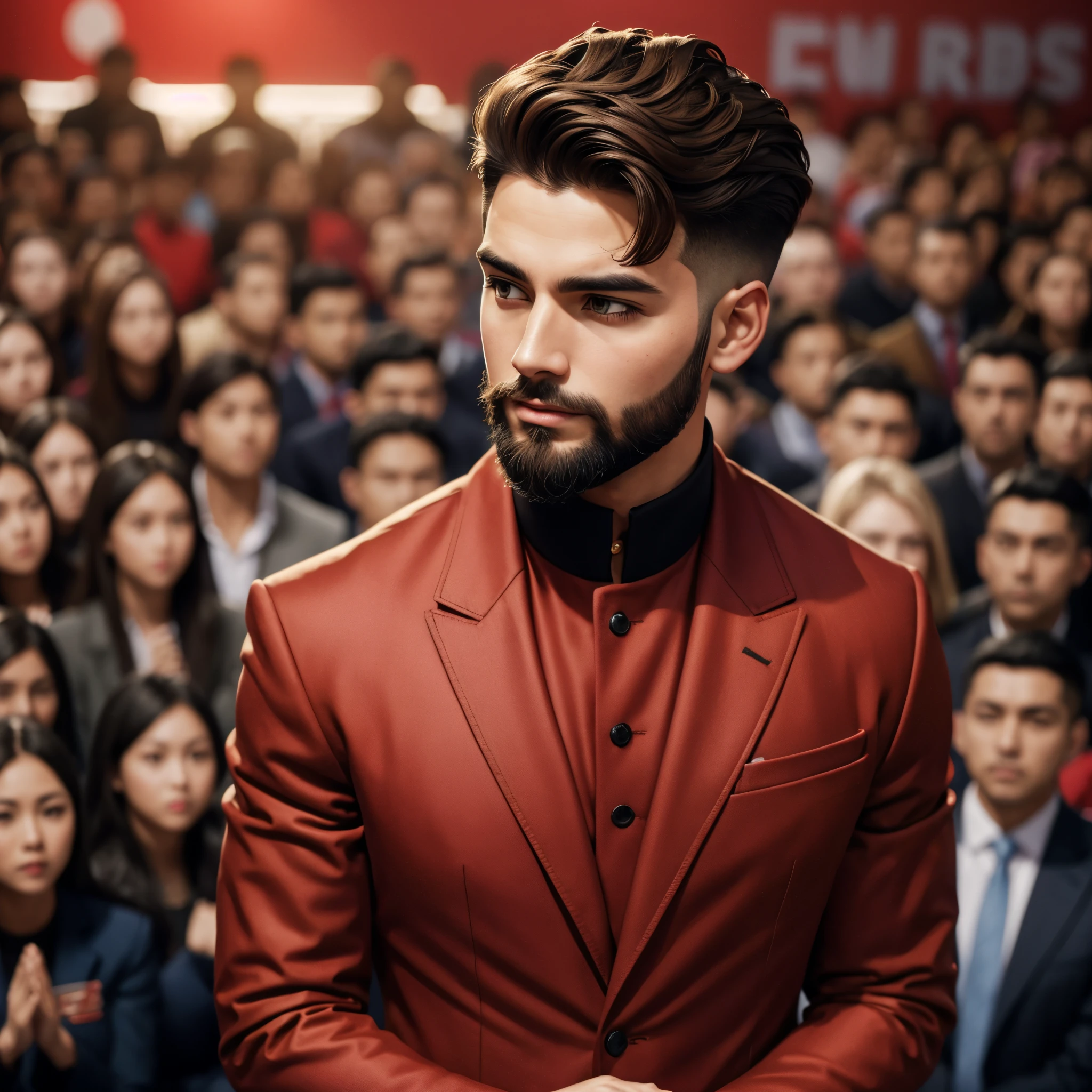 A motivational speaker standing in front of a large crowd of people, speaking a motivational quote. The crowd is listening intently, and their faces are filled with hope and inspiration. The speaker is wearing a professional outfit, and they have a confident and commanding presence, wearing red jacket, cool jacket, smart & handsome boy, good haircut , natural hairstyle, medium size beard, looking very confident