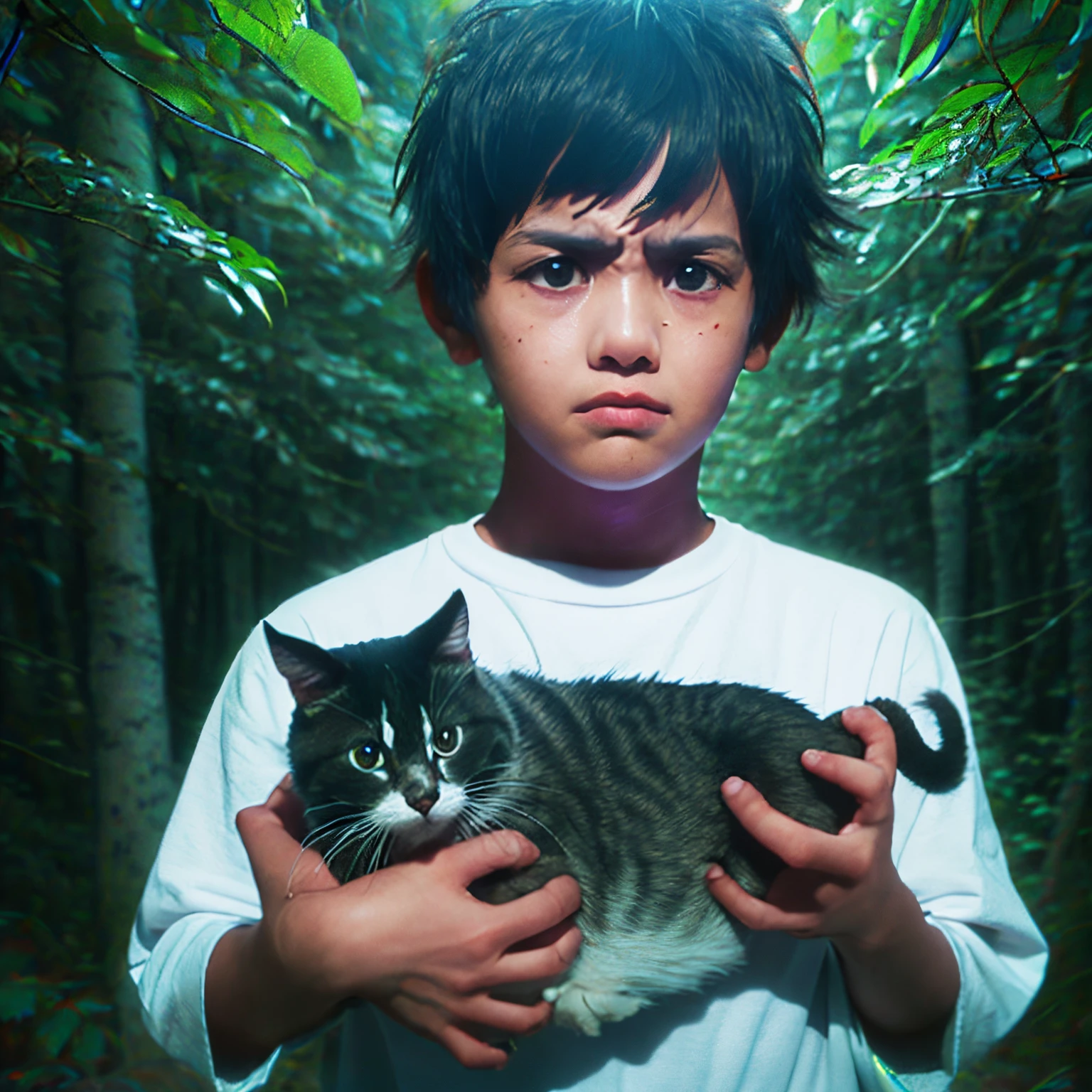 Has anger, red eyes, has a pet wolf, is in a dark forest