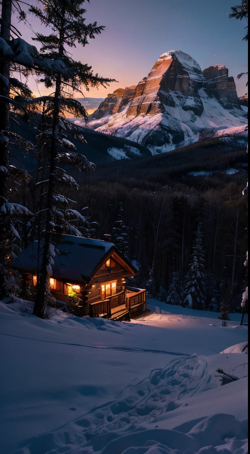 Mysterious mountain cabin nestled amongst dense, psychedelic forests, with a breathtaking sunset sky casting vibrant, warm hues of purple, pink and orange, creating an atmosphere of curiosity and intrigue.