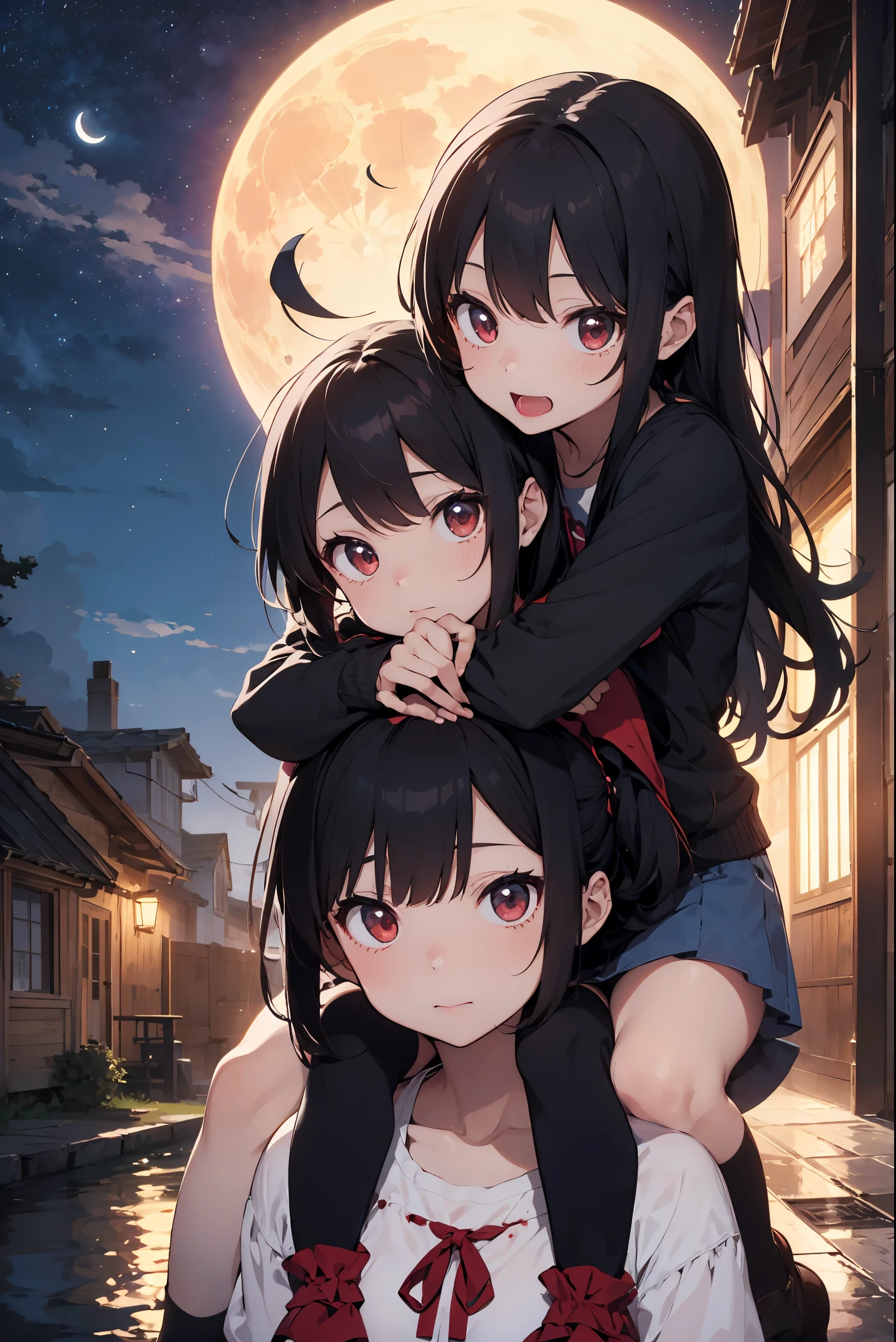 masterwork、high-level image quality、Ultra-fine、hightquality、animesque、Illustration contest grand prize work、Official Art、
Two Girls、young vampire sisters、（Older sister sucks blood from younger sister&#39;s neck：1.4）、（Older sister biting her younger sister&#39;s neck：1. 5）、Vampires、Blood sucking、vampire sister、Giant monsters、girl with、Twin-tailed、The long-haired、Ahoge、a blond、red eyes、younger sister、Chibi Chara、Fantasia、The Monster、a moon、natta、fullmoon、starrysky、nighttime scene、nigh sky、（Sister hugs younger sister from behind：1.5）、（The older sister puts her face on the younger sister&#39;s neck from behind and bites her.：1.5）、sister closes her mouth、My sister has a sensual look
