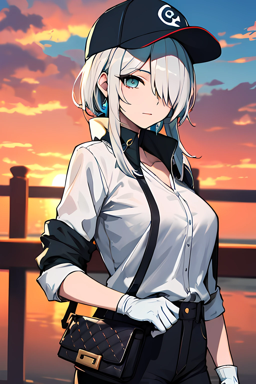(absurdres, 8k, 4k, masterpiece, hyper extreme detailed:1.2), solo, 1girl, looking at viewer, portrait, best quality, expressive eyes, perfect face, 1girl, portrait, looking at viewer, solo, standing, Female, toned body, mature female, medium breasts, pale, teal hair, calm, medium hair, balance, long gloves, hair over one eye, yin and yang, fu hua, herrscher of sentience, Fu_Hua, hair accessories, calm, purse, posing, Temple background, cloudy skies, sunset, hair covering one eye, casual wear, baseball cap, white shirt, open jacket, half body
