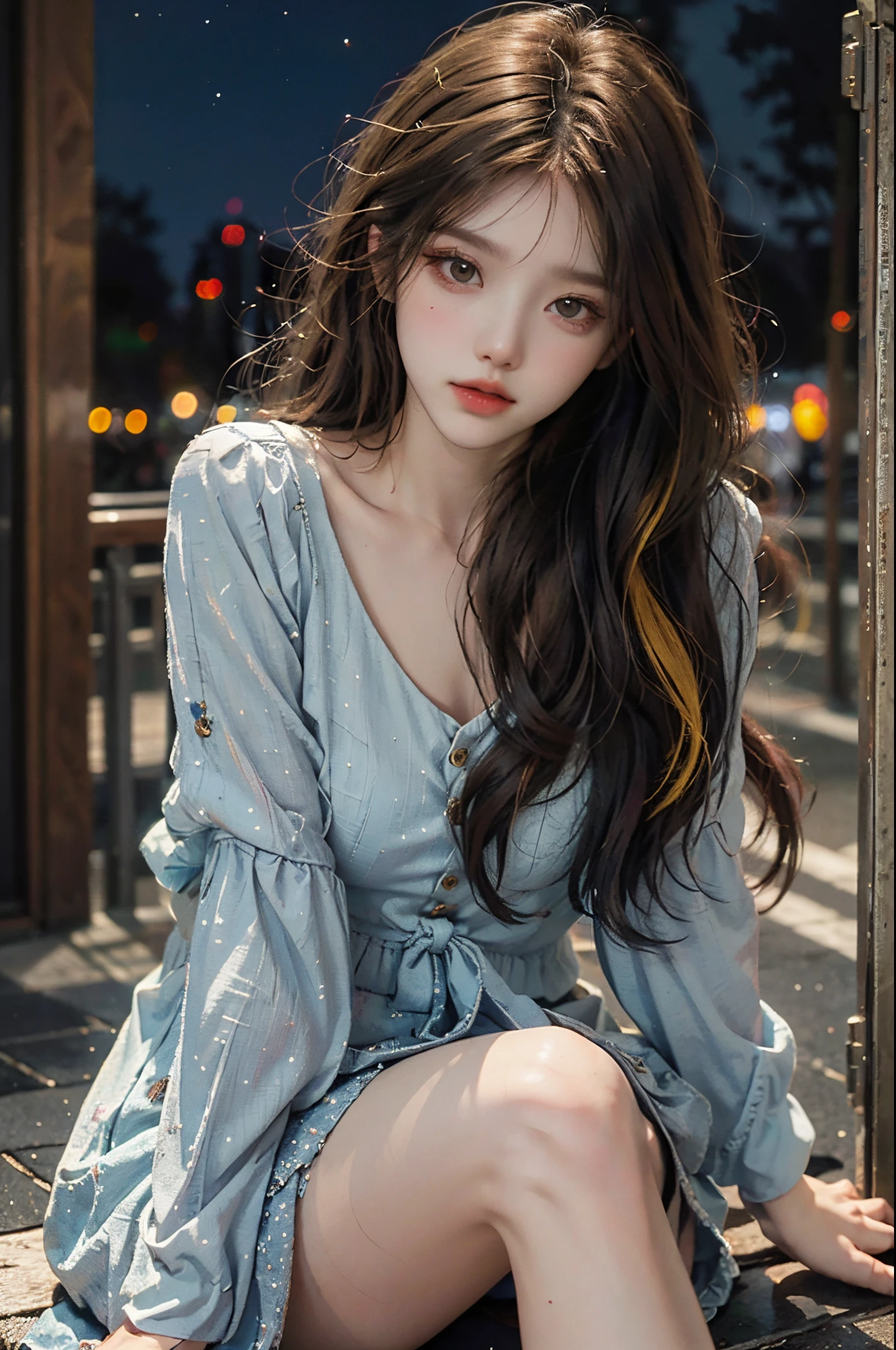 Special clothes53,dress, (ultra-realistic realism+pure), Delicate and beautiful eyes, ((knee shot)), ((from below)), hight contrast, high-definition picture quality, Dynamic tilt, Flare effect, Realistic details, offcial art, tmasterpiece, Unity 8k壁纸, 超詳細, Beautiful masterpiece, top-quality, Glowing skin, Cinematic lighting, sweet and cute, Long brownish-yellow hair, curlies, a warm color palette, Extremely high color saturation, the night, Street photography