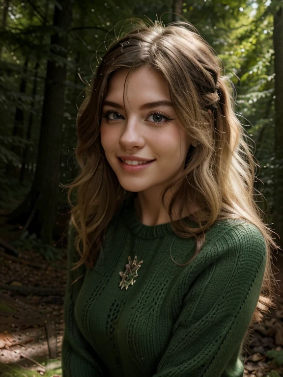 (ULTRA BEST QUALITY, in 8K, Meisterwerk, Filigrane Illustration), wildes Weibchen im Wald, muscular body type, mit flauschigen Haaren, blonde, careless hairstyle, Broad smile, influenzerpose im Wald, She is wearing knitted sweaters in dark green, generous.