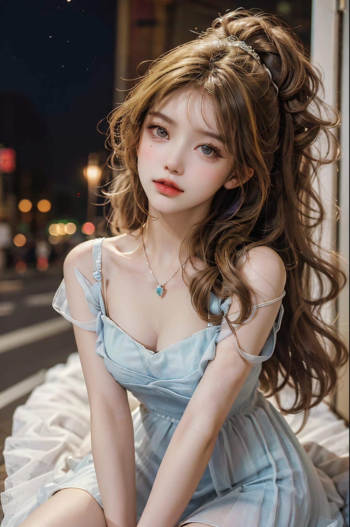 Sweet girl clothes8,(gem:1.3), (ultra-realistic realism+pure), Delicate and beautiful eyes, ((knee shot)), ((from below)), hight contrast, high-definition picture quality, Dynamic tilt, Flare effect, Realistic details, offcial art, tmasterpiece, Unity 8k壁纸, 超詳細, Beautiful masterpiece, top-quality, Glowing skin, Cinematic lighting, sweet and cute, Long brownish-yellow hair, curlies, a warm color palette, Extremely high color saturation, the night, Street photography