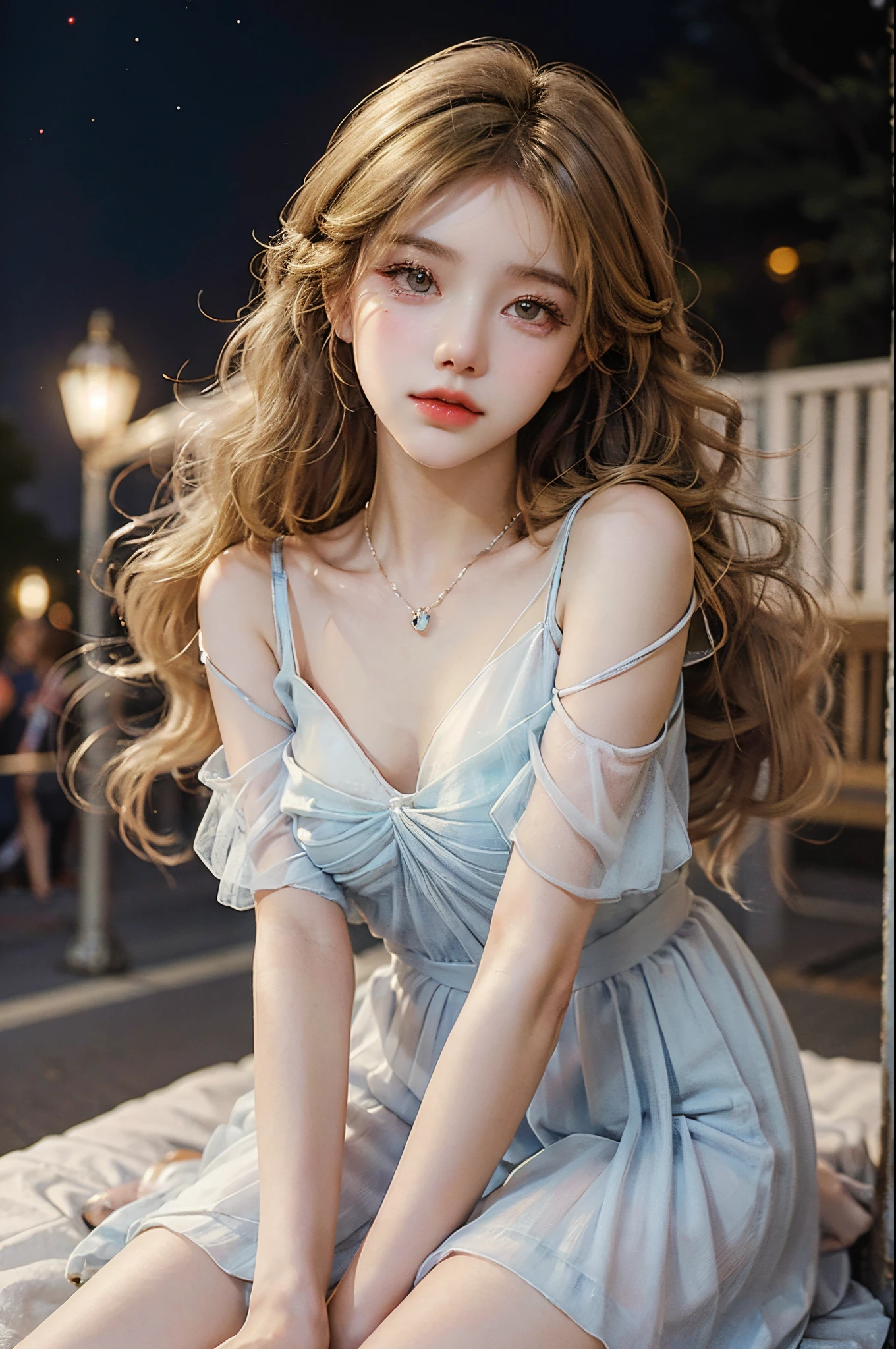 Sweet girl clothes8,(gem:1.3), (ultra-realistic realism+pure), Delicate and beautiful eyes, ((knee shot)), ((from below)), hight contrast, high-definition picture quality, Dynamic tilt, Flare effect, Realistic details, offcial art, tmasterpiece, Unity 8k壁纸, 超詳細, Beautiful masterpiece, top-quality, Glowing skin, Cinematic lighting, sweet and cute, Long brownish-yellow hair, curlies, a warm color palette, Extremely high color saturation, the night, Street photography