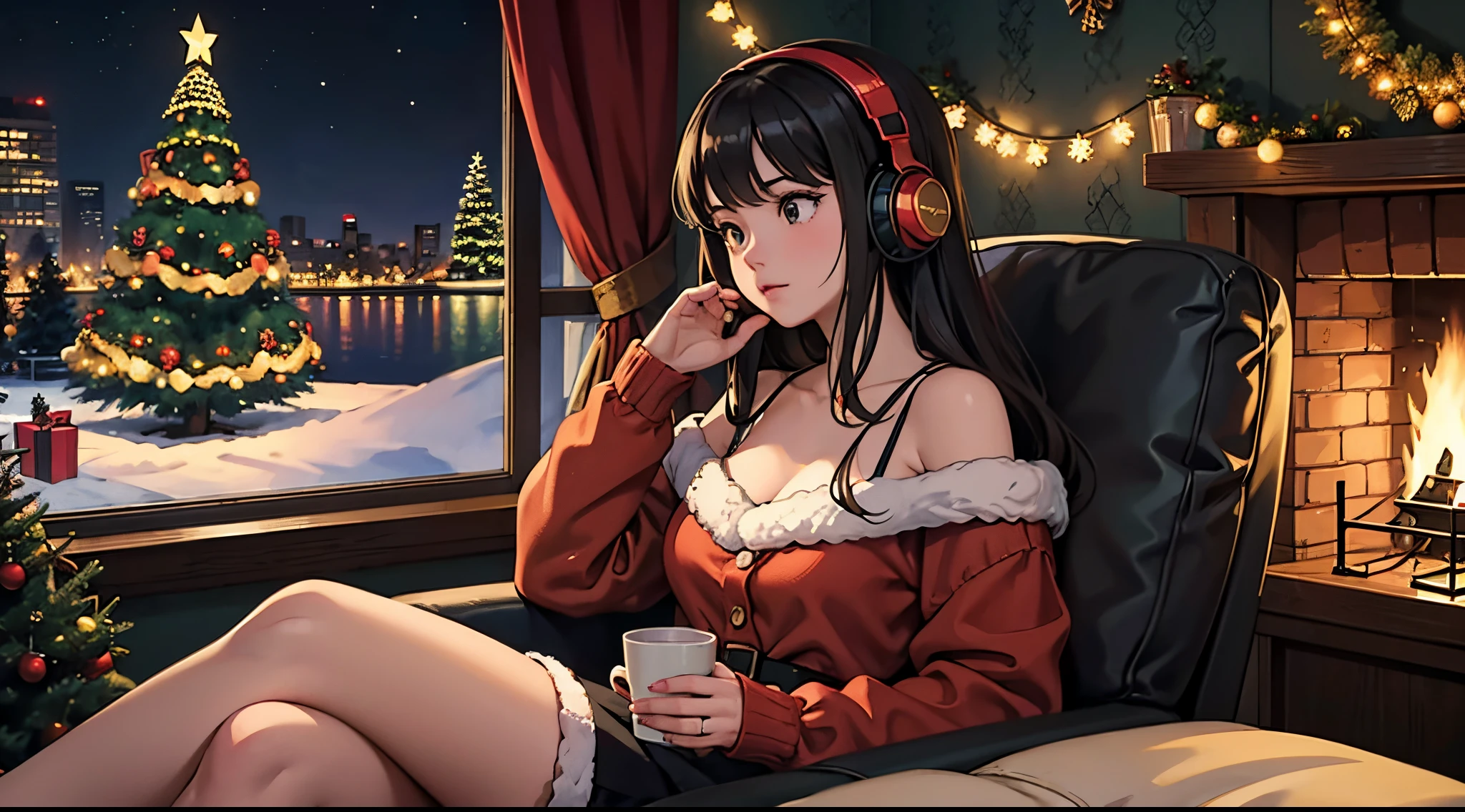 lofi brunette girl sitting on a couch with headphones on and a christmas tree in the background, trending on cgstation, cozy wallpaper, artwork in the style of guweiz, christmas night, [ 4 k digital art ]!!, lofi girl, extremely detailed artgerm, trending at cgstation, relaxing mood, nightcore, christmas vibe, cozy, christmas decorations, fireplace, night, christmas sweather, side view
