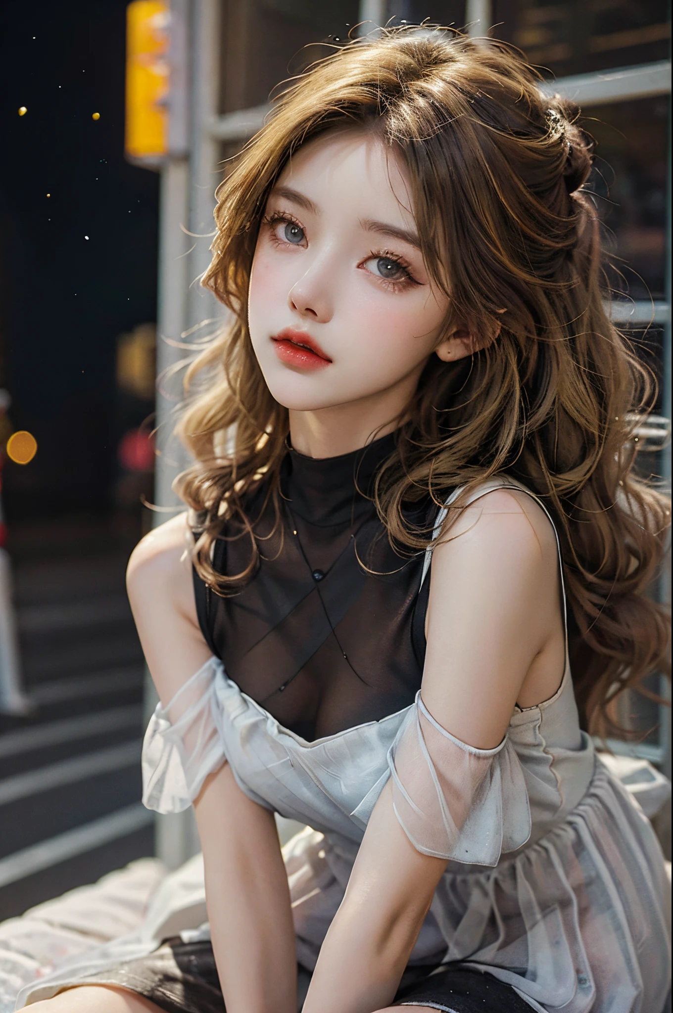 Sweet girl clothes8,(gem:1.3), (ultra-realistic realism+pure), Delicate and beautiful eyes, ((knee shot)), ((from below)), hight contrast, high-definition picture quality, Dynamic tilt, Flare effect, Realistic details, offcial art, tmasterpiece, Unity 8k壁纸, 超詳細, Beautiful masterpiece, top-quality, Glowing skin, Cinematic lighting, sweet and cute, Long brownish-yellow hair, curlies, a warm color palette, Extremely high color saturation, the night, Street photography