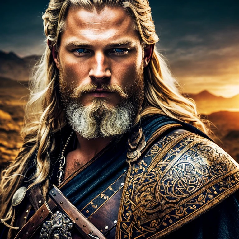 Warrior with viking clothes, blond man with beard and blond hair, face of Travis Fimmel, blue eyes, 8k uhd, dslr, soft lighting, high quality, film grain, hyper-detailed illustrations , Fujifilm Eterna Vivid 500T, Intense Colors, Intense Close-ups, Realistic Theme Eliminating Backlight ::2, Panoramic View, Captured by Canon R8 400mm --auto