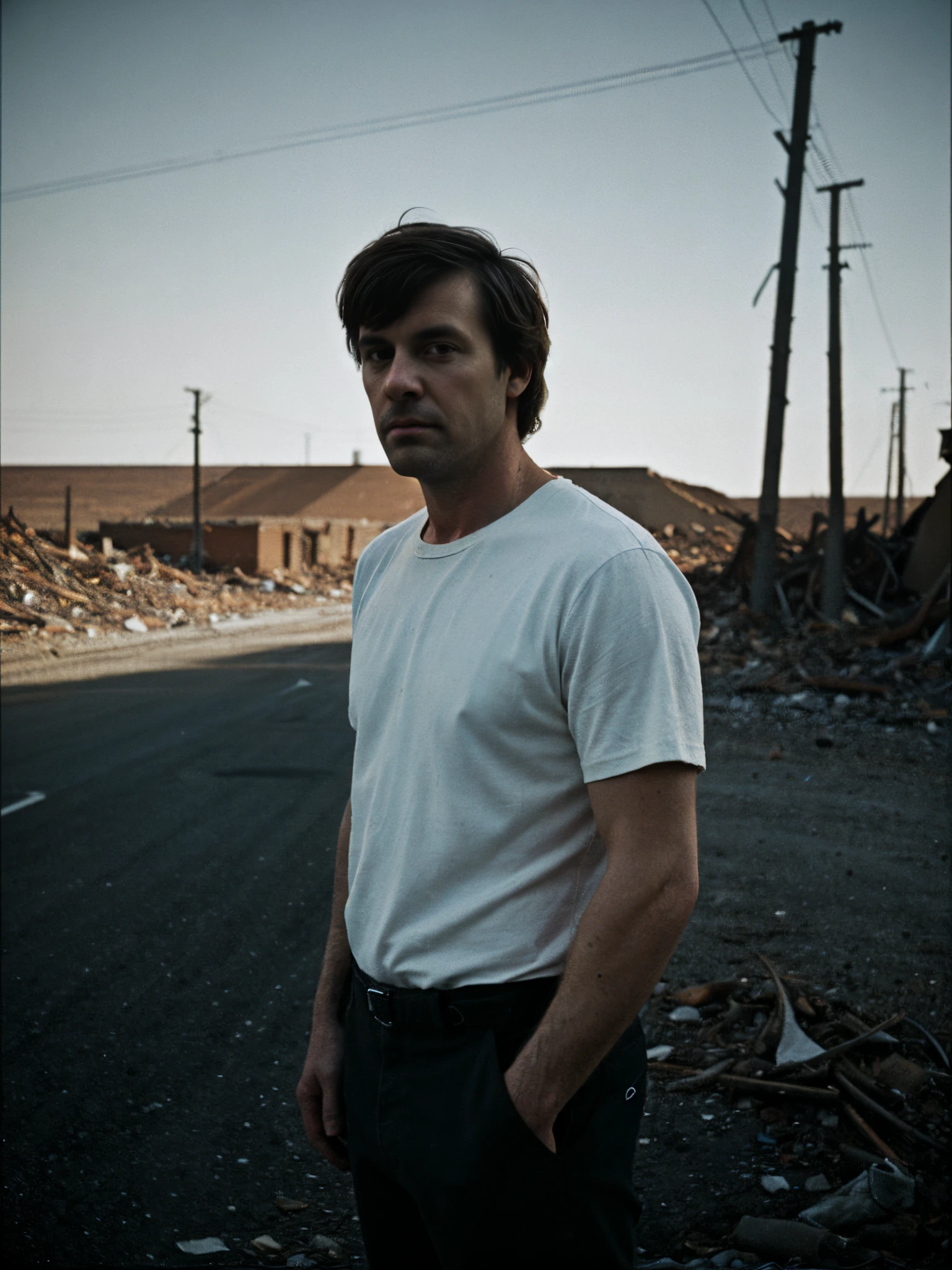 1male, 40 years old, shaggy beard, seductive and attractive, white shirts, deserted road, dirt road, abandoned cars, newspapers, abandoned objects, abandoned road, apocalyptic scenery, (film grain, chromatic aberration, sharp focus, deep shadow, low key, cold light). upper body portrait, luxury commercial advertising