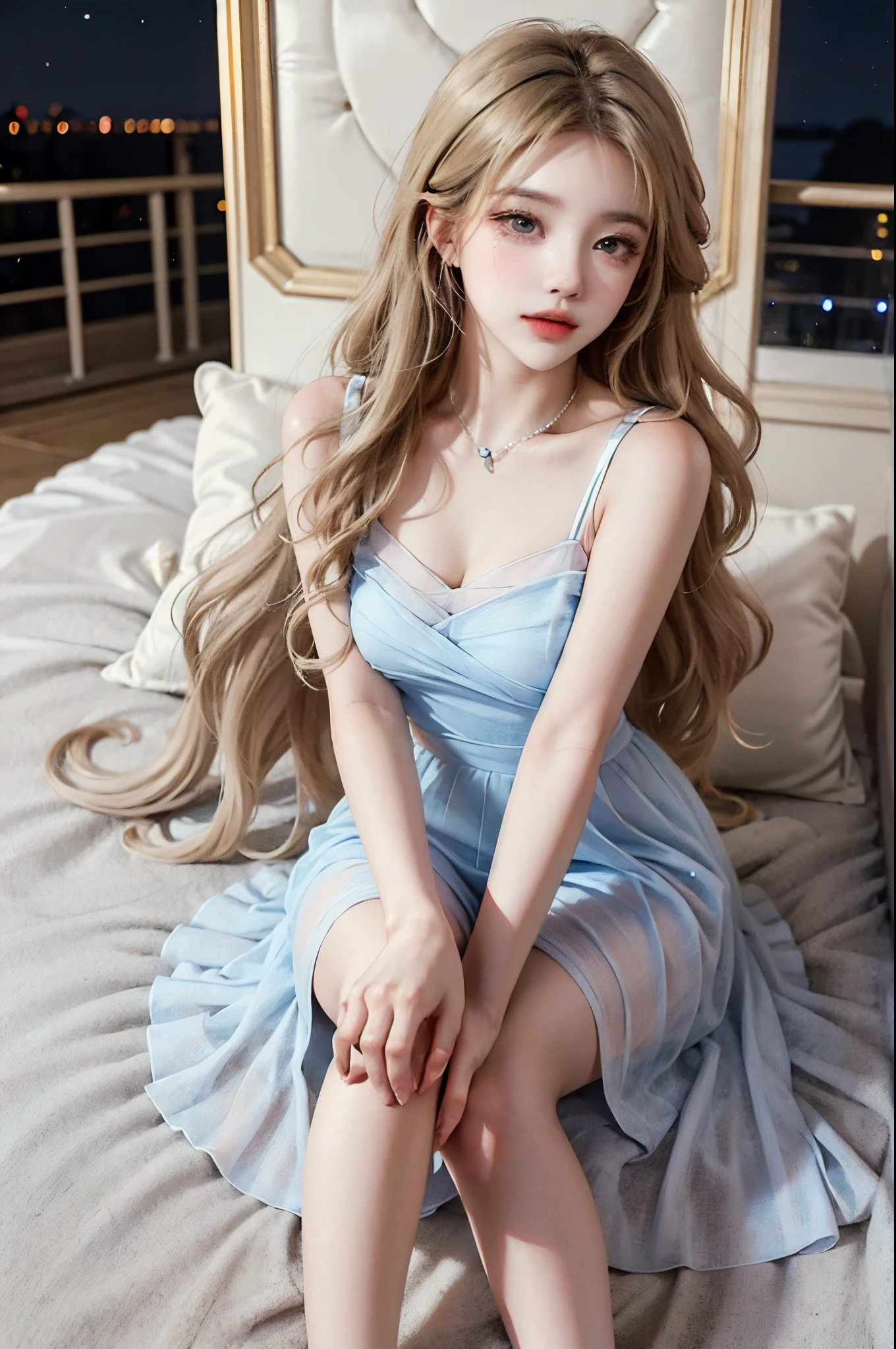 Sweet girl clothes8,(gem:1.3), ins girl, (ultra-realistic realism+pure), Delicate and beautiful eyes, ((knee shot)), ((from below)), hight contrast, high-definition picture quality, Dynamic tilt, Flare effect, Realistic details, offcial art, tmasterpiece, Unity 8k壁纸, 超詳細, Beautiful masterpiece, top-quality, Glowing skin, Cinematic lighting, sweet and cute, Long brownish-yellow hair, curlies, a warm color palette, Extremely high color saturation, the night, Street photography