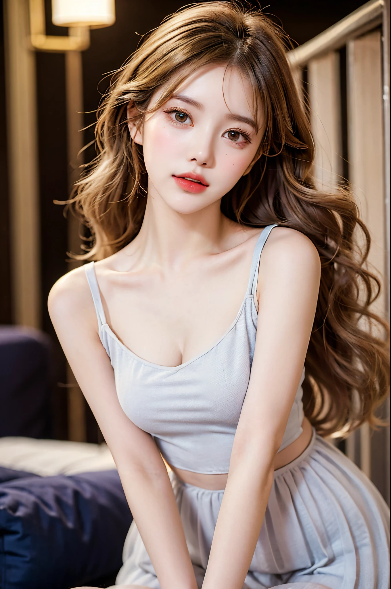 Sweet girl clothes8,(gem:1.3), ins girl, (ultra-realistic realism+pure), Delicate and beautiful eyes, ((knee shot)), ((from below)), hight contrast, high-definition picture quality, Dynamic tilt, Flare effect, Realistic details, offcial art, tmasterpiece, Unity 8k壁纸, 超詳細, Beautiful masterpiece, top-quality, Glowing skin, Cinematic lighting, sweet and cute, Long brownish-yellow hair, curlies, a warm color palette, Extremely high color saturation, the night, Street photography