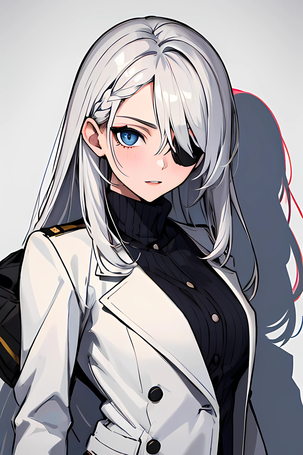 (absurdres, 8k, 4k, masterpiece, hyper extreme detailed:1.2), solo, 1girl, portrait, best quality, expressive eyes, perfect face, portrait, looking at viewer, solo, standing, casual wear, toned, white haired, eye patch, braided hair, long hair, medium breasts, scars, blue eyes, very long hair, military, cargo pants, white jacket,