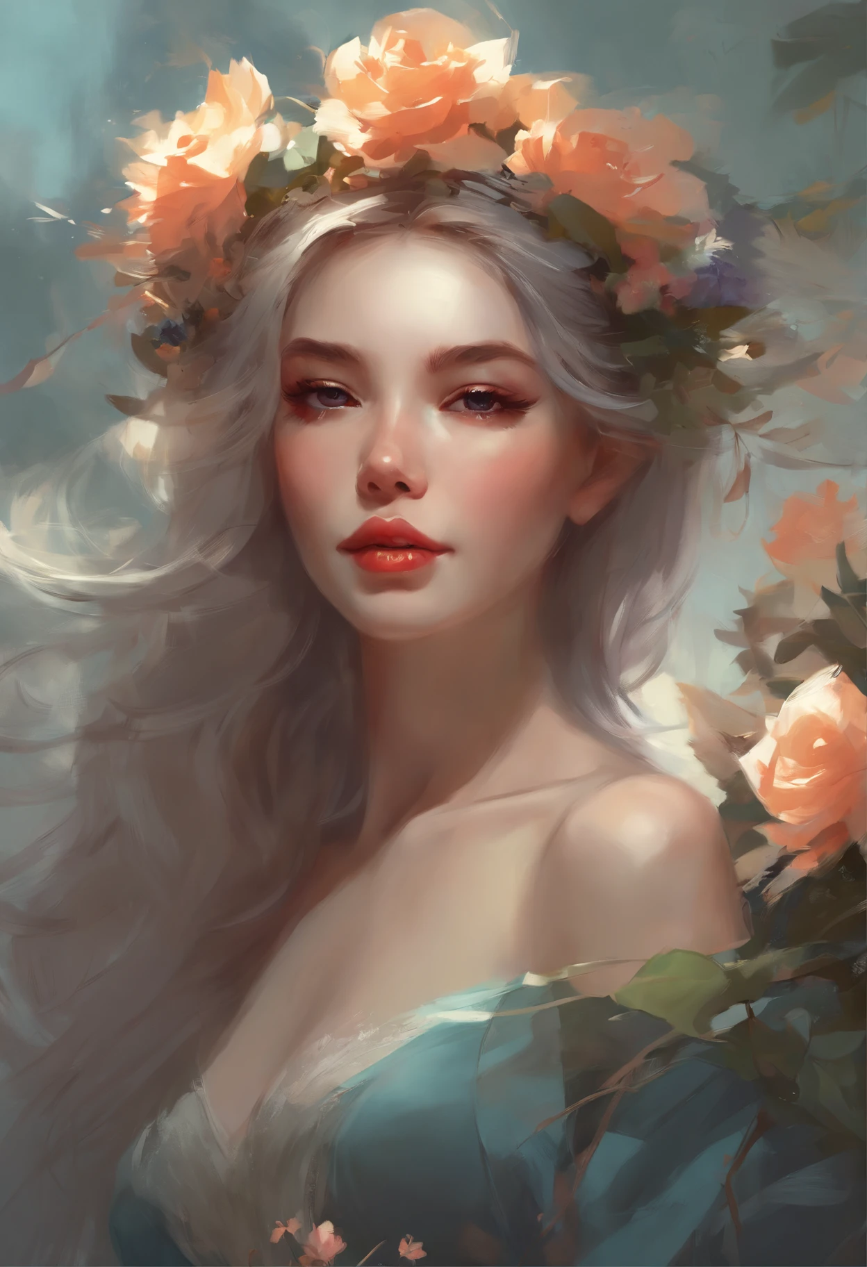 there is a girl with a crown and flowers in her hair, artwork in the style of guweiz, beautiful digital illustration, loish and wlop, exquisite digital illustration, stunning digital illustration, inspired by WLOP, by Oliver Sin, intricate wlop, beautiful illustration, guweiz, wlop art, beautiful character painting, by Russell Dongjun Lu