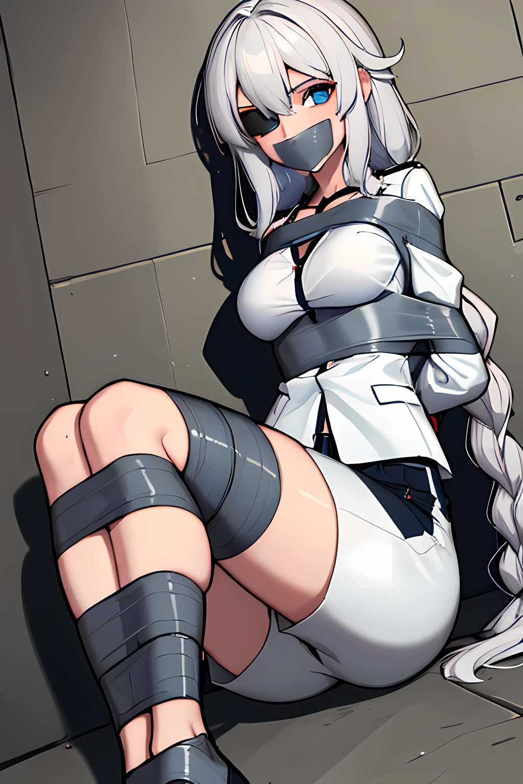 (absurdres, 8k, 4k, masterpiece, hyper extreme detailed:1.2), solo, 1girl, portrait, best quality, expressive eyes, perfect face, portrait, looking at viewer, solo, standing, casual wear, toned, white haired, eye patch, braided hair, long hair, medium , scars, blue eyes, very long hair, military, cargo pants, white jacket, bound, bondage behind back:1.4), bdsm, tape gagpe, tape bondage, close-up,ined, best anatomy, half body, taped thighs, taped legs, legs together, tape wrapped, wrap gag,