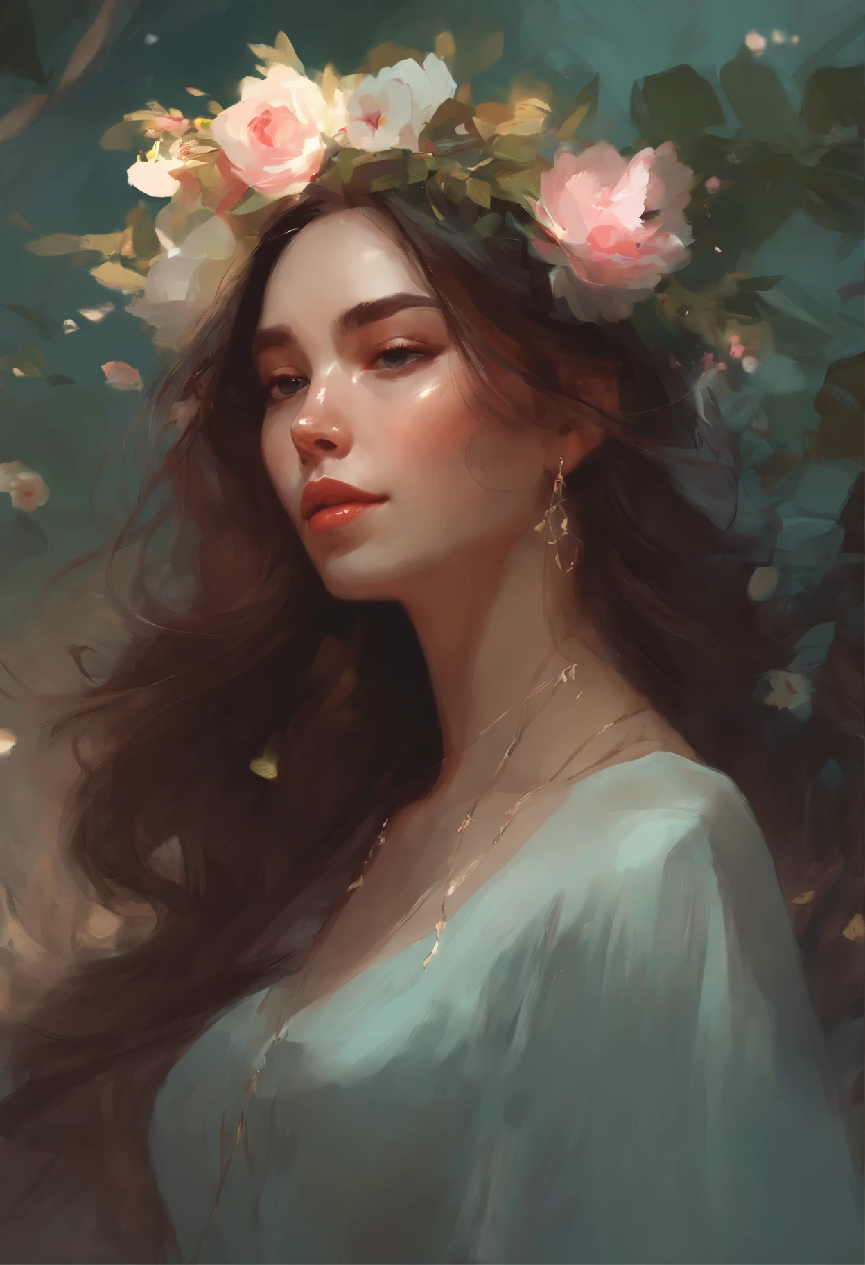 there is a girl with a crown and flowers in her hair, artwork in the style of guweiz, beautiful digital illustration, loish and wlop, exquisite digital illustration, stunning digital illustration, inspired by WLOP, by Oliver Sin, intricate wlop, beautiful illustration, guweiz, wlop art, beautiful character painting, by Russell Dongjun Lu