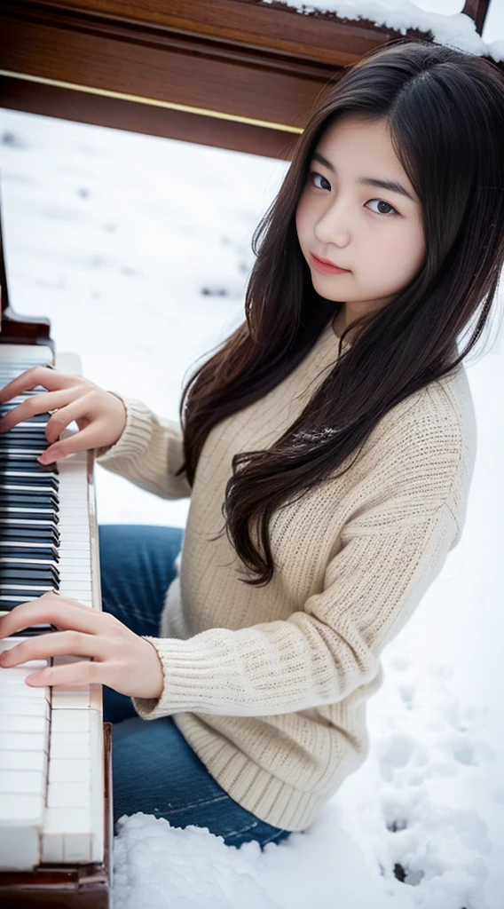 A Korean twelve year old girl plays a piano in a white empty snow field 。