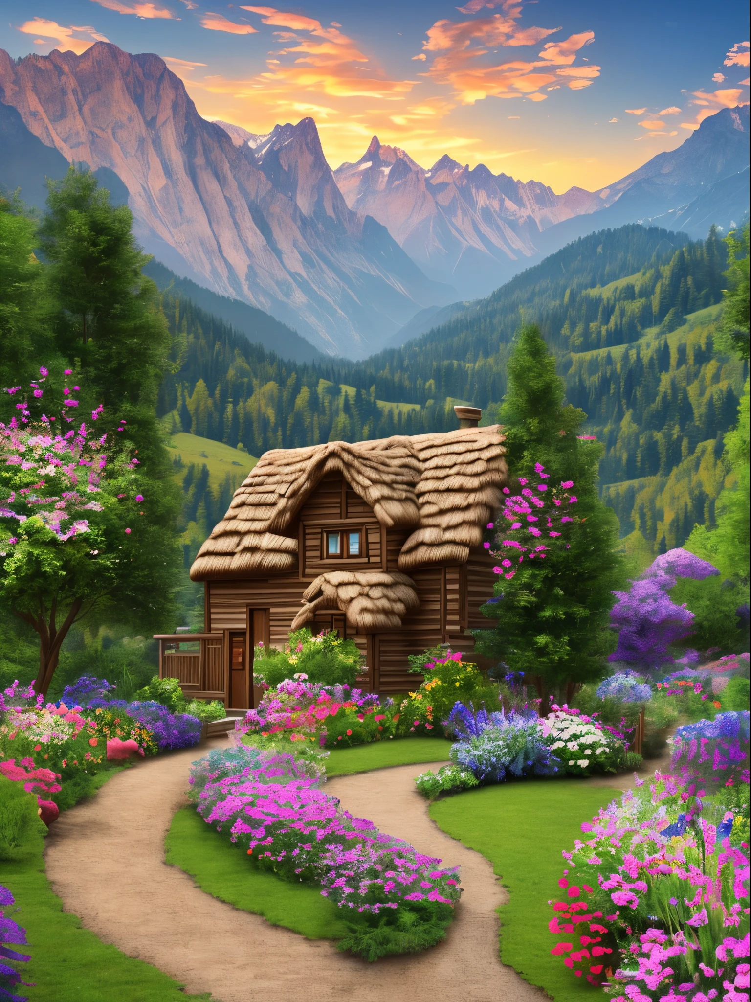 painting of a cottage, flowers beside of fence, fence along the road,  mountain landscape with a lake and a boat, illustration matte painting,  inspired by Thomas Kinkade, symmetric matte painting, detailed scenery , style raw, 8 k ultra detailed --auto --s2