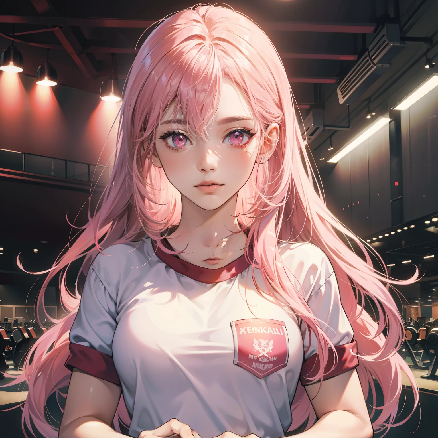 Masterpiece, high quality, best quality, HD, realistic, perfect lighting, detailed body, 1 woman, pink eyes, long hair, pink Hair, face expression, glowing, gym uniform, gym background.