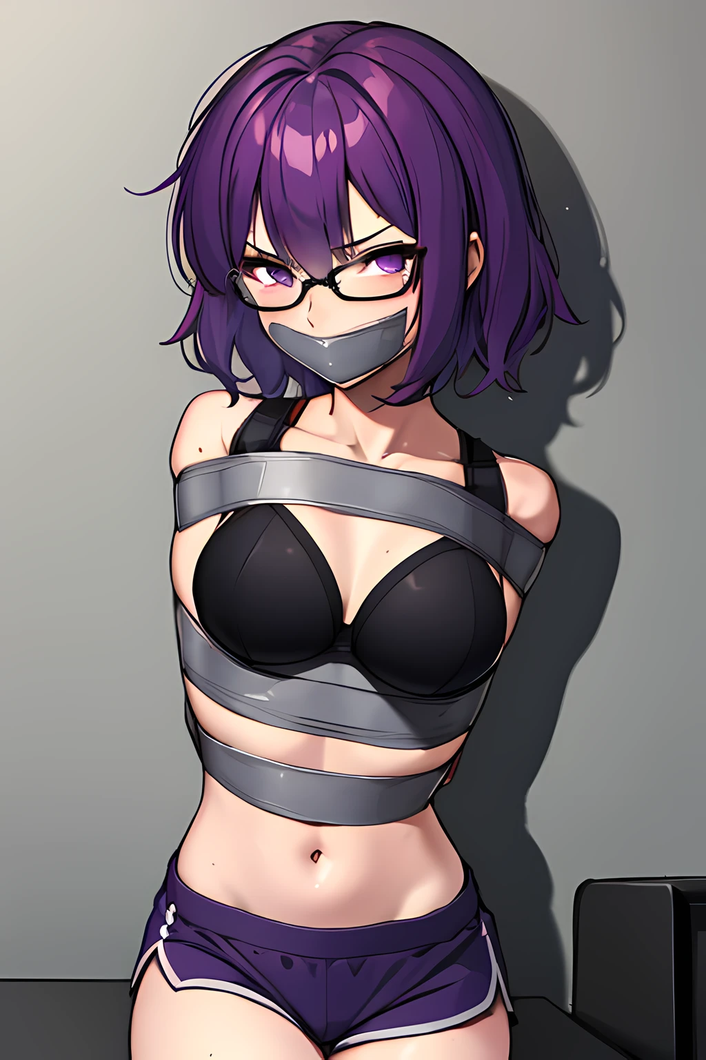 (masterpiece), best quality, expressive eyes, highres, anatomically correct, 1girl, perfect face, perfect hands, female, short hair, messy hair, wavy hair, purple hair, side bang, purple eyes, fair skin, medium chest, slight smirk, bondage, tied up, restrained, restricted, tied, harness, rope, arms behind back, hands behind back, purple glasses, purple workout bra, short gym shorts, gloves, gagged