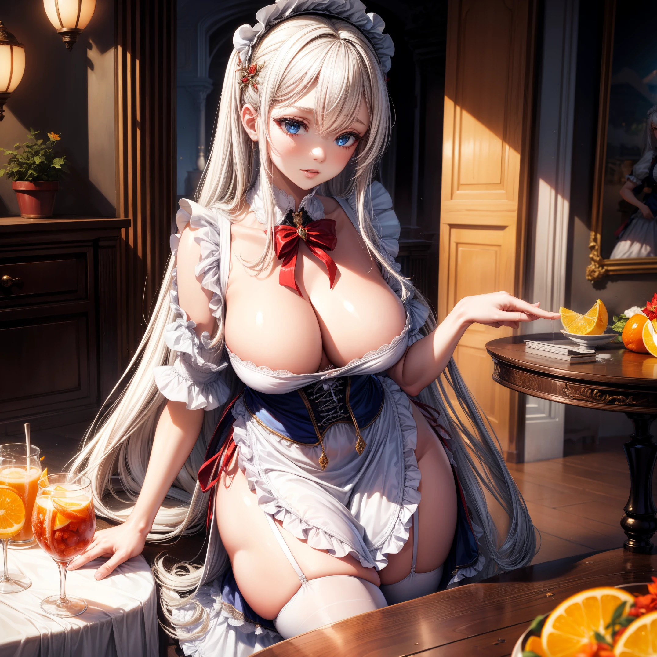 (Best quality,8K,ultra - detailed,realisticlying:1.2),Two cute curvy girls,Gorgeous and luxurious palace,virtual exhibition,long flowing white hair,Cute and beautiful girl,Loose corset maid outfit,loose apron,cute and sexy woman,Sexy maid,inlay,cute apron,bigger curve,about,Elongate the meat,marmalade,,Red fluttering face,fully body photo