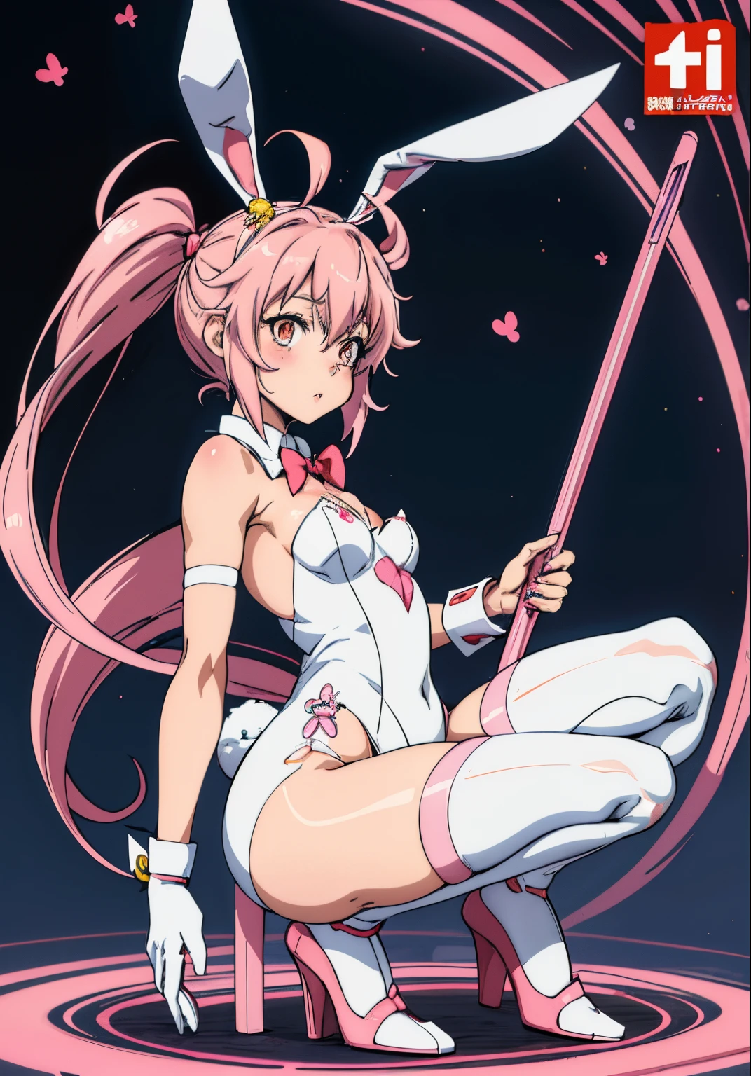 Cute girl, anime character in bunny suit jumping, reisen udongein inaba, bunny girl, bunny leg, anime cover, nyaruko-san, neferpitou, with long floppy rabbit ears, white rabbit, beautiful anime girl squatting, white cat girl, an ahoge stands up on her head