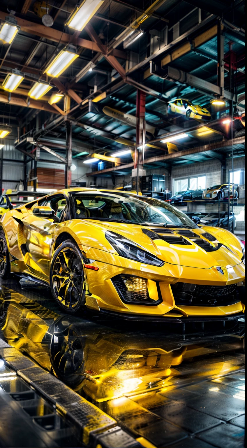 a close up of a yellow sports car in a garage, sportcar, full view of a sport car, in style of kyrill kotashev, with sleek lines and a powerful, sports car, supercar, sport car, sports car in the room, super car, bold lamborghini style, vibrant and powerful, lotus, cinematic front shot, by Adrian Zingg