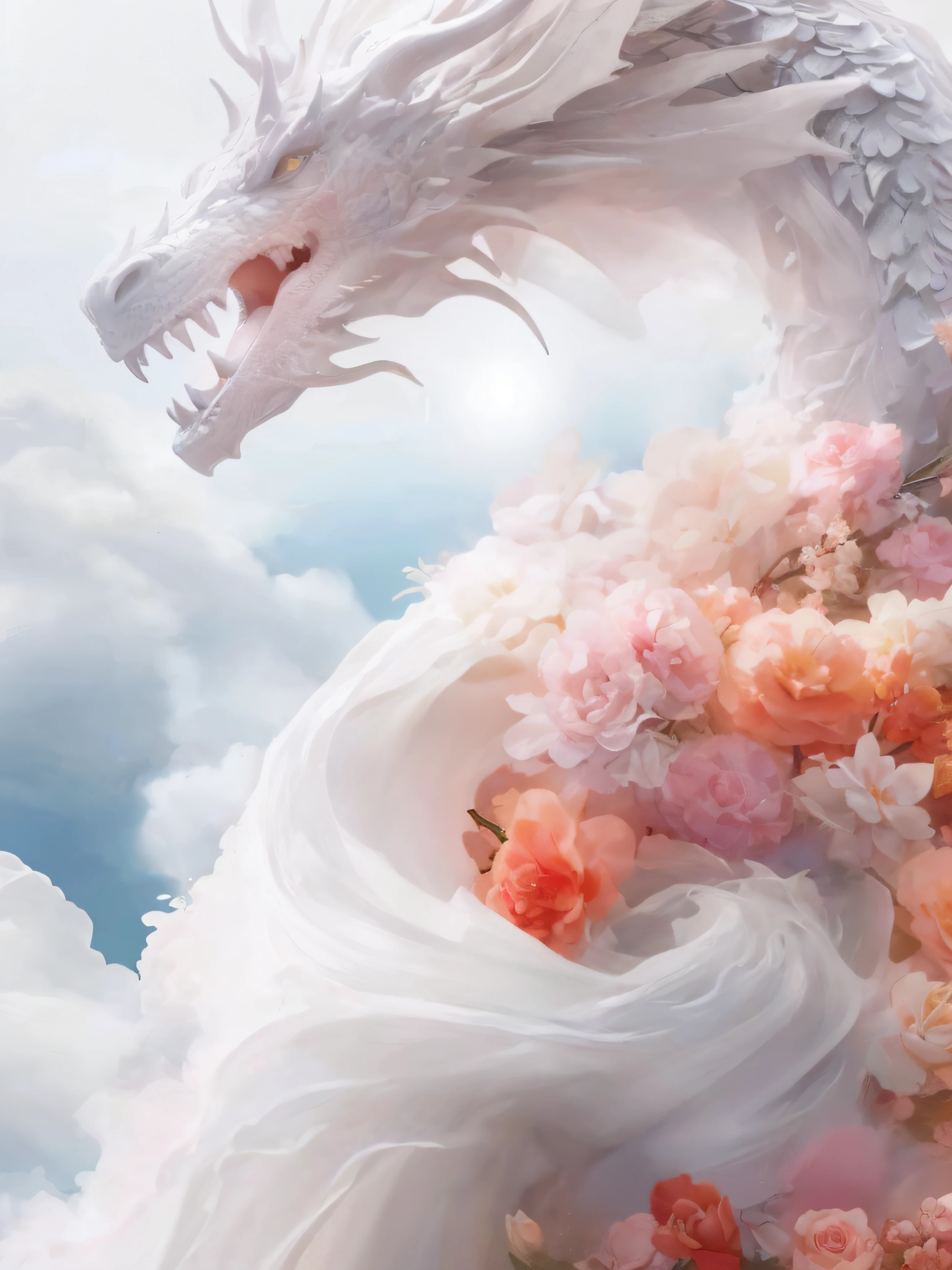 There is a white dragon statue in the foreground，There are flowers on it, a dragon made of clouds, Soft and delicate dragon nature, Dragons fly in the sky, Dragons fly in the sky, In Baiyun Wonderland, 4k highly detailed digital art, Beautiful digital artwork, The dragon is in the sky, lie on white clouds fairyland, In Baiyun Wonderland