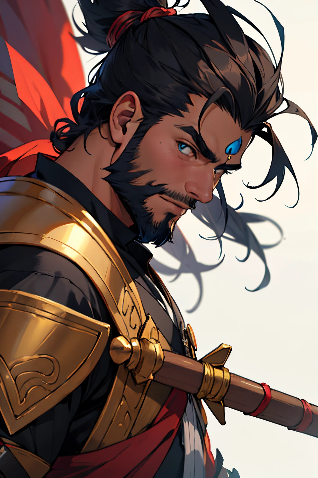 perfect face, anime style, best quality detailing, eyes open. 
Indian hindu warrior, man. Indian Man having Mahadev tilak on his forehead, wearing a armor and holding a spear in his right hand. Focus on his face . Face should be detailed and perfect with a indian style beard. Black hair. Make the tilak narrow. beard smaller from the chin. Standing straight. from the right angle