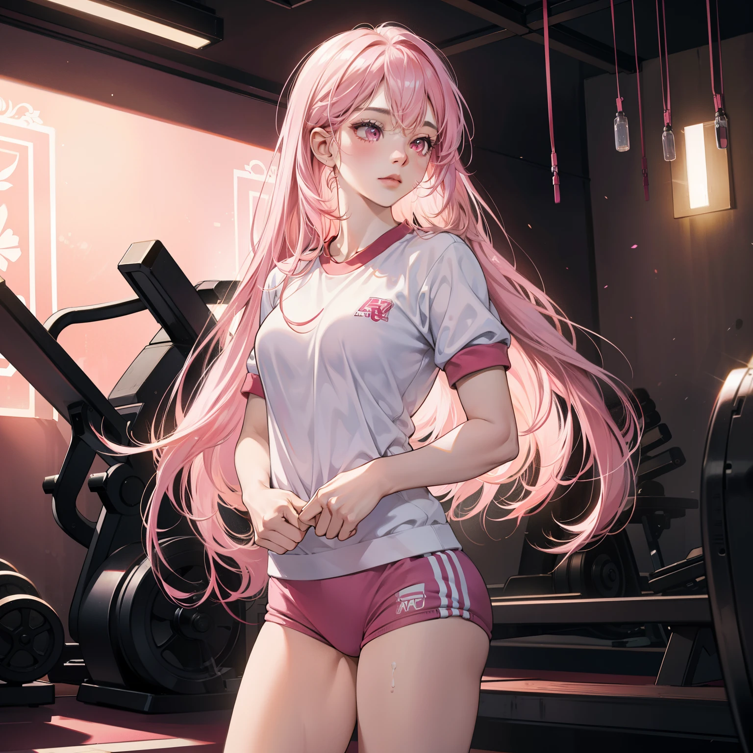 Masterpiece, high quality, best quality, HD, realistic, perfect lighting, detailed body, 1 woman, pink eyes, long hair, pink Hair, glowing, gym uniform, gym background.