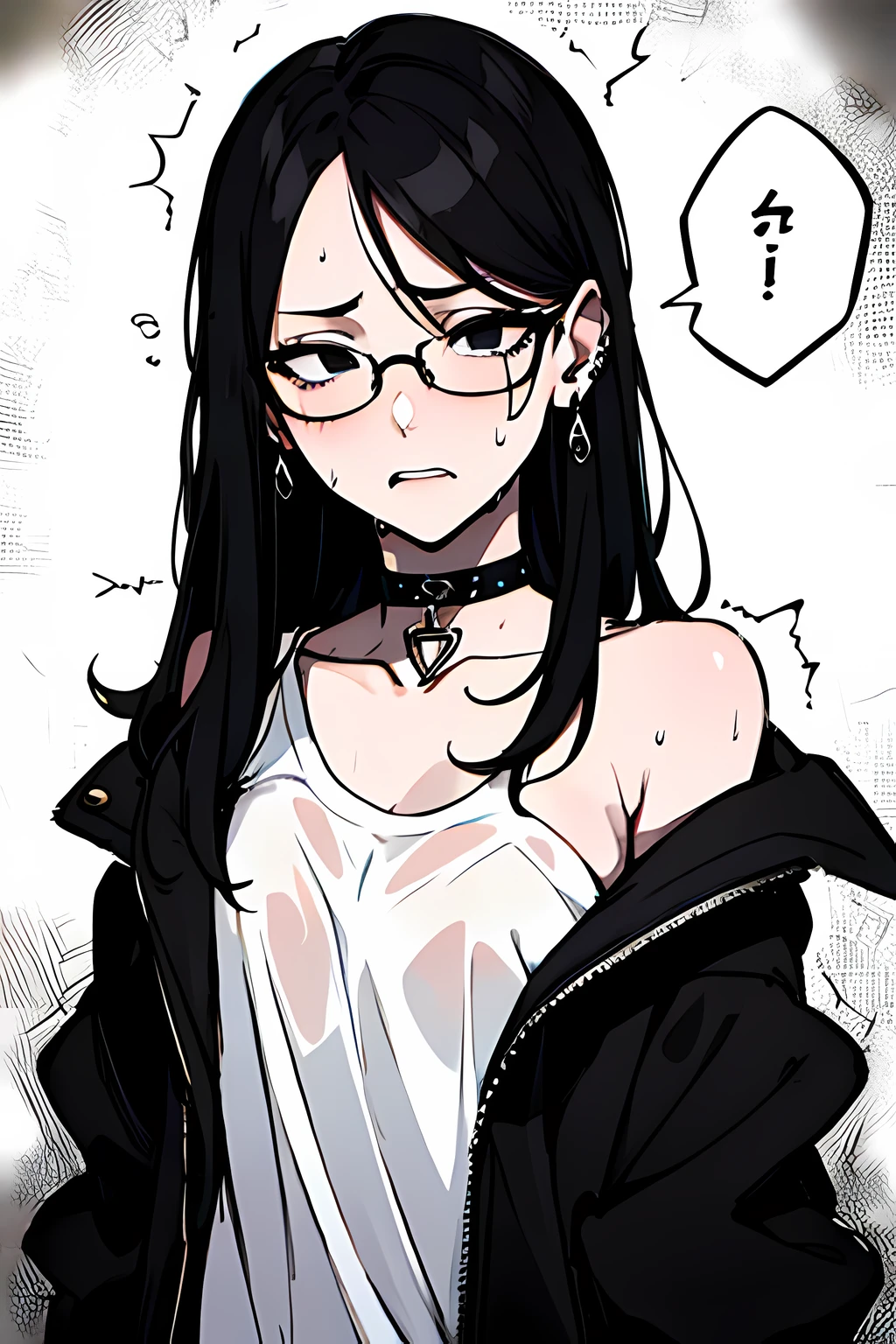 (masterpiece), best quality, expressive eyes, highres, anatomically correct, 1girl, perfect face, perfect hands, female, pale, glasses, messy hair, black hair, very long hair, black eyes, glasses, weak, tired, small breasts, graphic t-shirt, gothic, emo, goth, exposed left shoulder, piercings, ear piercings, lip piercings, fatigue, eye-bags, sore, blank eyes, expressionless, weak, crazy face, crazy eyes, swept bangs, choker, standing, freaked out, shocked, nervous, stressed, sweating, black hair, black eyes, wet shirt, black jacket,