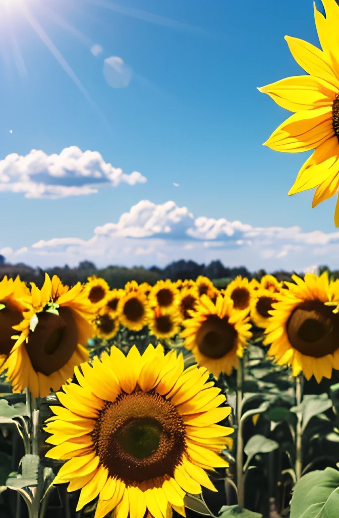 Close-up of a sunflower field，The background is blue sky, colours : himawari, （Scenes : sunflower fields）, helianthus flowers, Crystal sunflower, and the sun was shining brightly, Sunflowers in full bloom，tmasterpiece，Lighting，k hd，