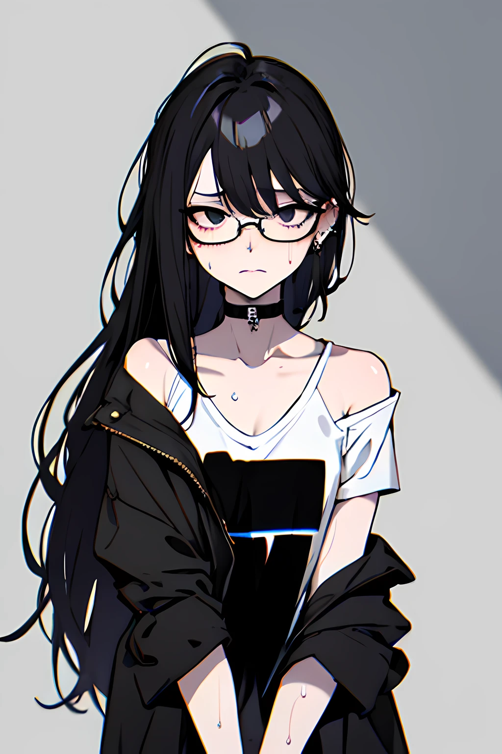 (masterpiece), best quality, expressive eyes, highres, anatomically correct, 1girl, perfect face, perfect hands, female, pale, glasses, messy hair, black hair, very long hair, black eyes, glasses, weak, tired, small breasts, graphic t-shirt, gothic, emo, goth, exposed left shoulder, piercings, ear piercings, lip piercings, fatigue, eye-bags, sore, blank eyes, expressionless, weak, crazy face, crazy eyes, swept bangs, choker, standing, freaked out, shocked, nervous, stressed, sweating, black hair, black eyes, wet shirt, black jacket,