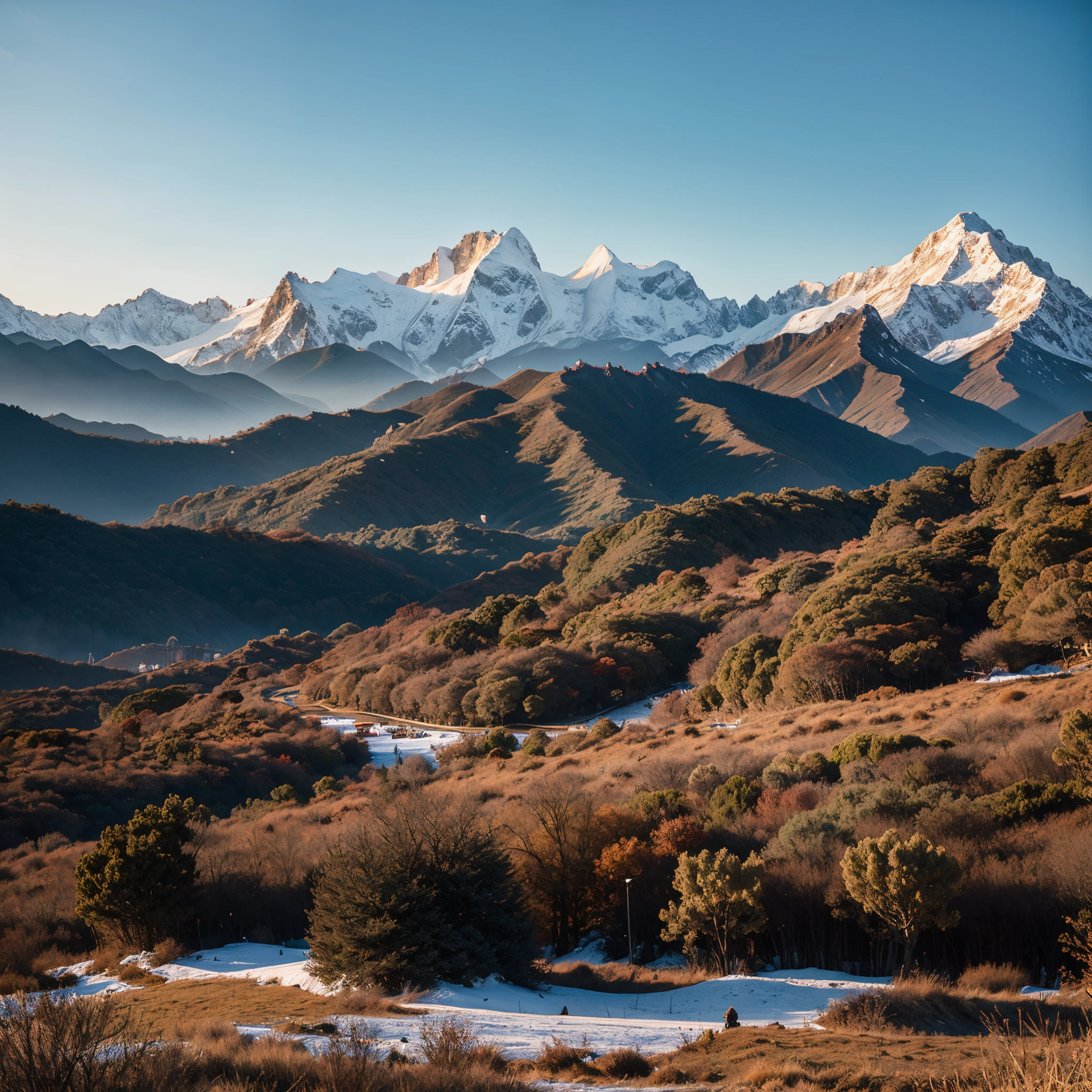 Sanjiangyuan Protected Area，Snowy mountains in the distance，rios，ln the forest，grass field