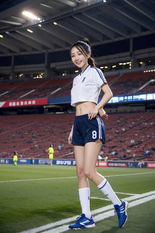 best qualityer,tmasterpiece,超高分辨率,(realisticlying:1.4),highly detailed,Professional lighting smile,play soccer,In the stadium,Tight crop top and shorts。
信息