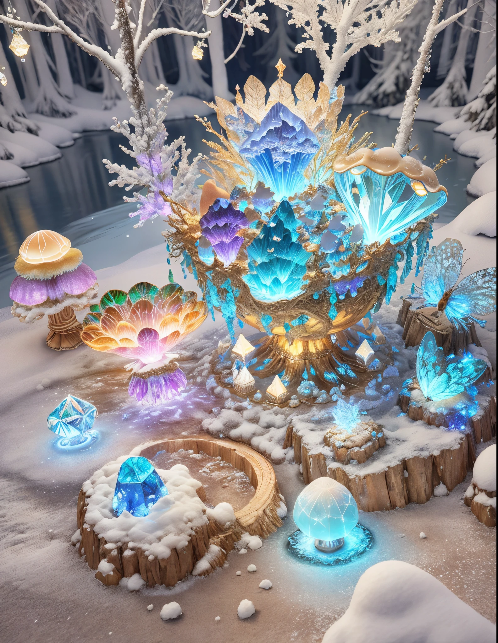 a fairy world,Snow forest and create mushroom galaxy sky,Lights create glowing butterflies,large moon,Blue River,SakuraNore followers,4K, wonderful art beautiful minerals, Rainbow crystals, ultra - detailed, Light up colorful diamonds,jewely,crystal,shine,metallic luster,Glaze color,incredible lighting, ultra - detailed, 8K, Unreal Engine5, a 3D render