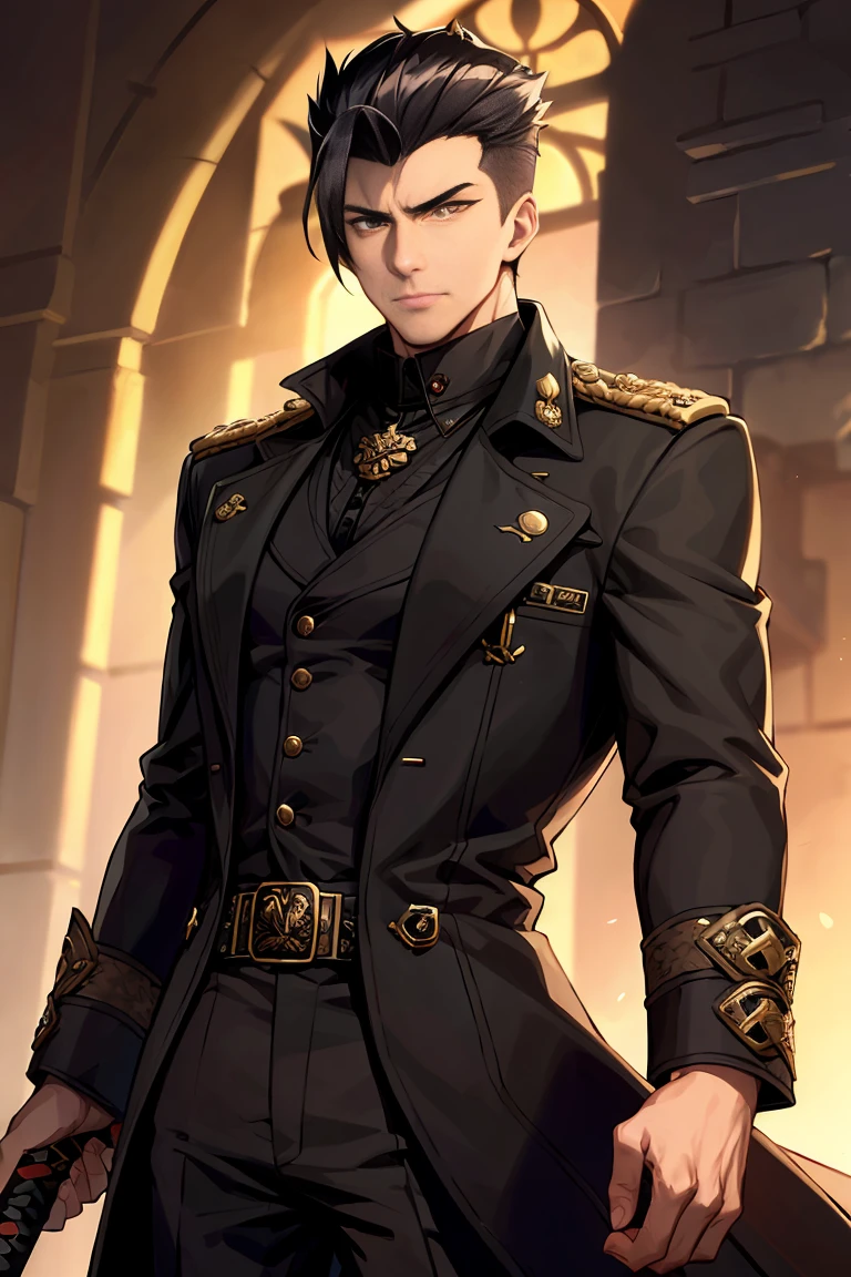 Portrait of a charismatic young man with a fit physique and a slick back haircut. He exudes an air of menace as a villain, dressed in a commanding black general's uniform and a stylish black trench coat. In his hand, he confidently wields a menacing black blade katana.