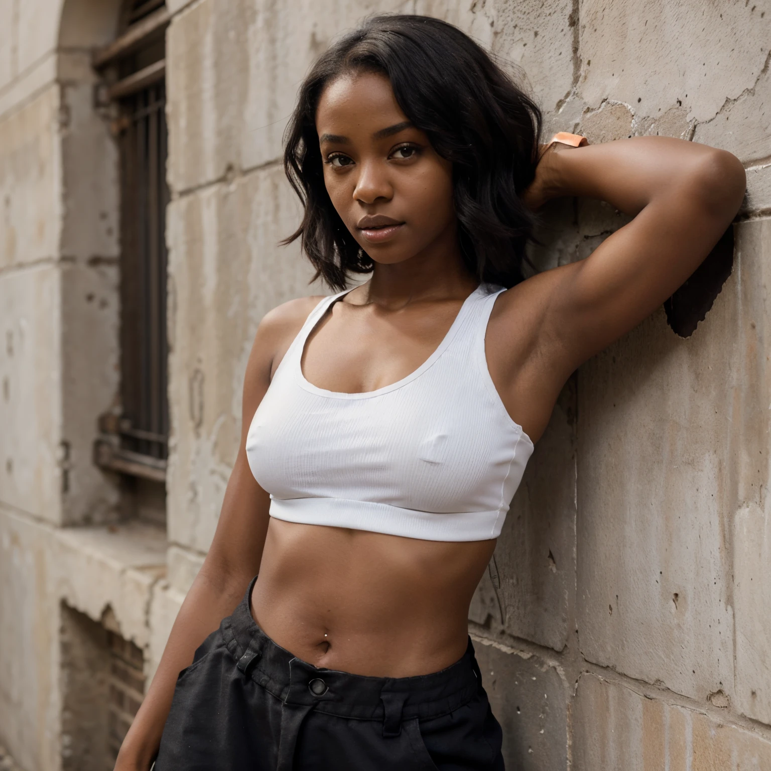 arafed woman leaning against a wall with a white tank top, black young woman, young black woman, beautiful city black woman only, beautiful midriff, tinyest midriff ever, black teenage girl, photo of a black woman, african american young woman, dark skinned, bare midriff, waist up portrait