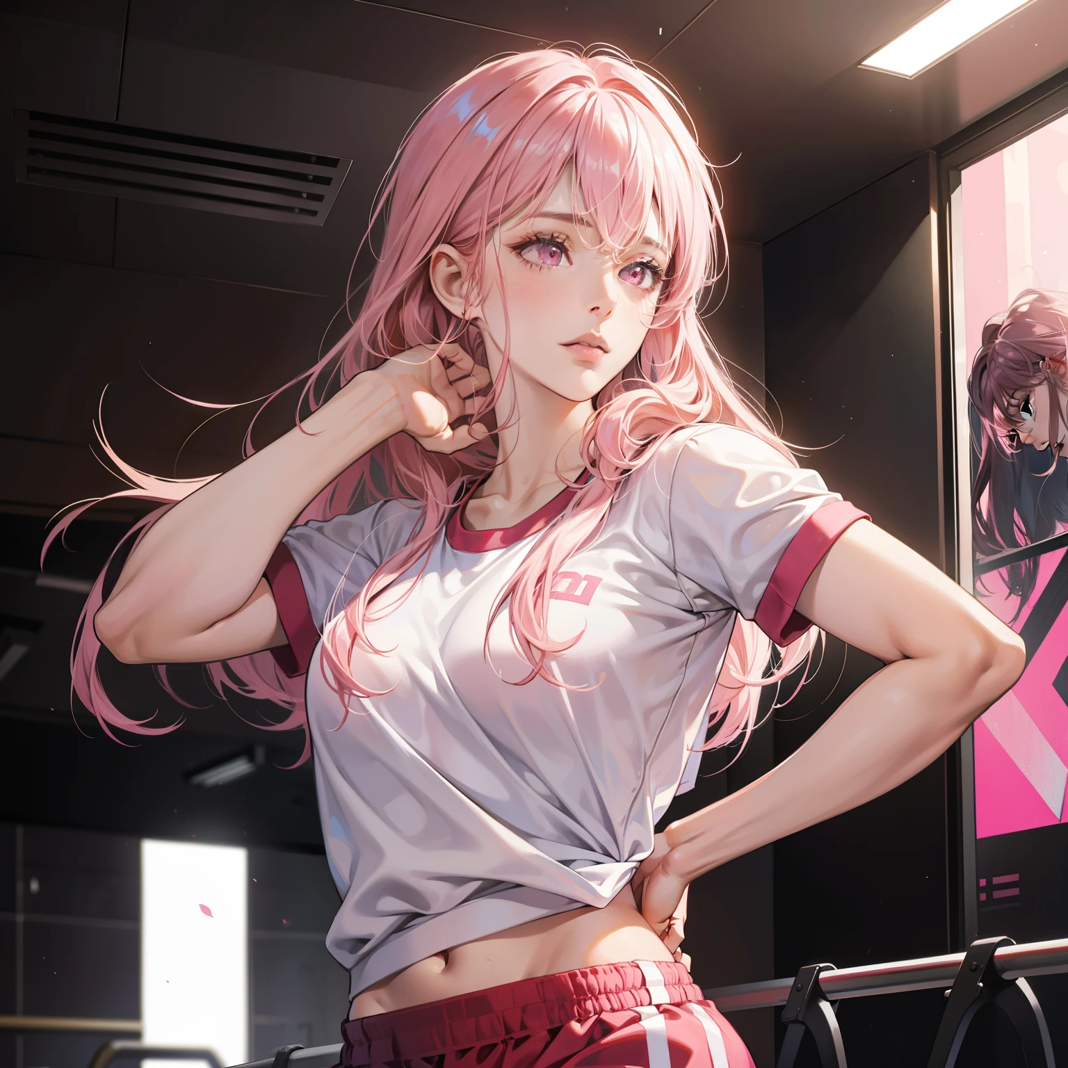 Masterpiece, high quality, best quality, HD, realistic, perfect lighting, detailed body, 1 woman, pink eyes, long hair, pink Hair, glowing, gym uniform, gym background.