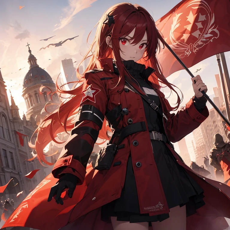 A high resolution,Infrared sleeve,There is a red star on the coat,holding red banner,cabelos preto e longos,Campus background,red eyes,age girl,Two-dimensional style