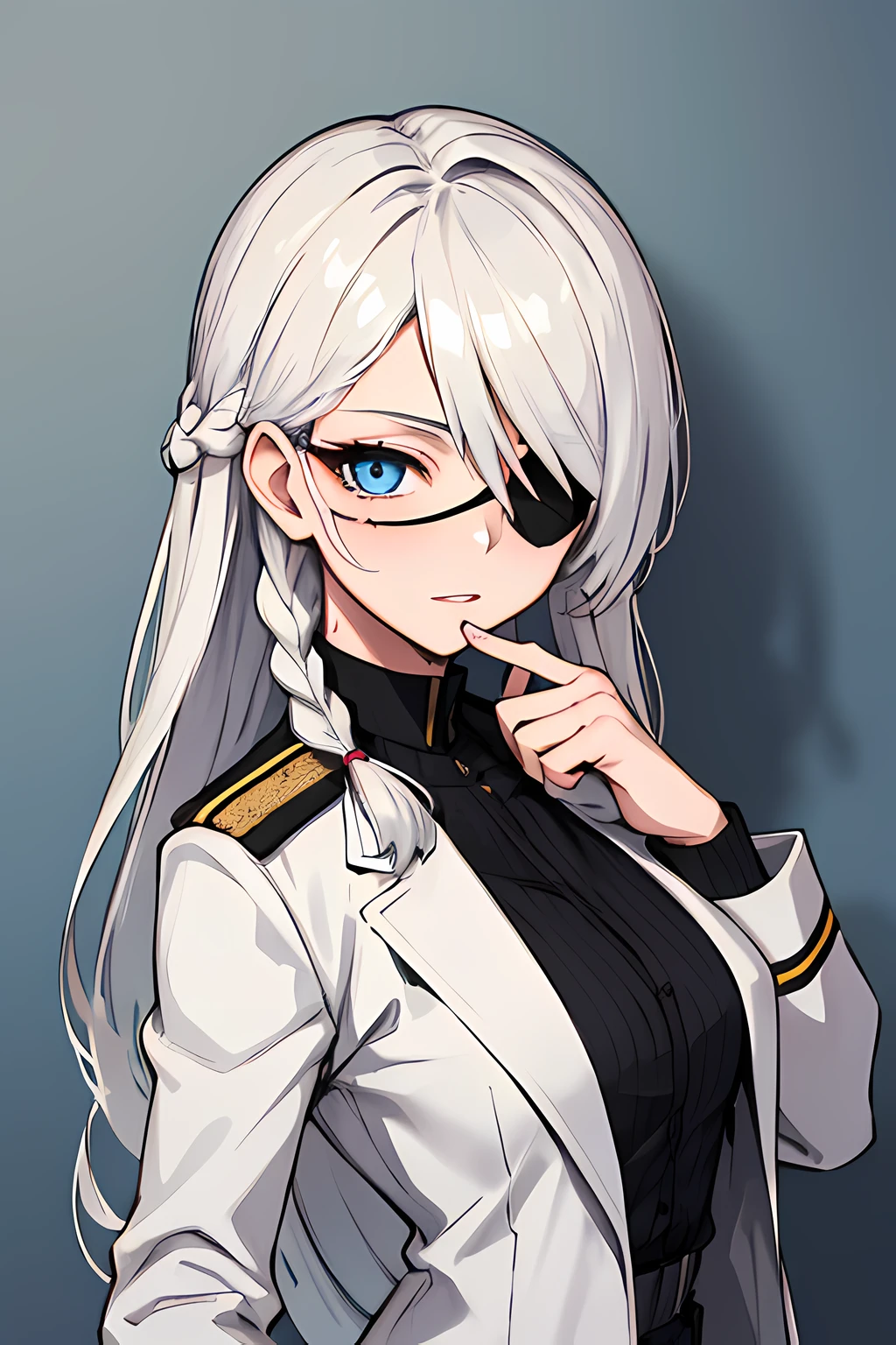 (absurdres, 8k, 4k, masterpiece, hyper extreme detailed:1.2), solo, 1girl, portrait, best quality, expressive eyes, perfect face, portrait, looking at viewer, solo, standing, casual wear, toned, white haired, eye patch, braided hair, long hair, medium breasts, scars, blue eyes, very long hair, military, cargo pants, white jacket, military,