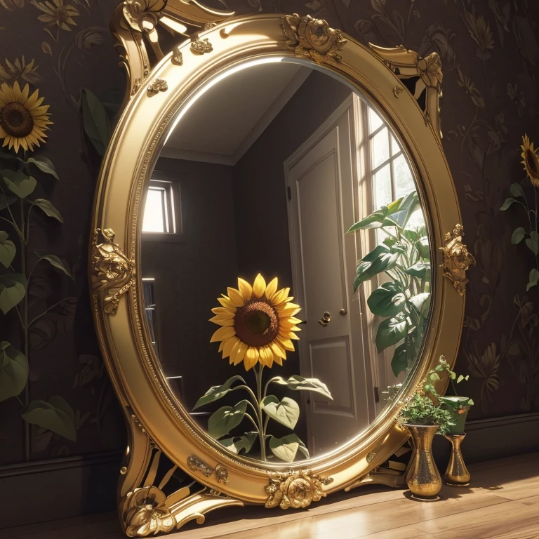 Sunflower theme mirror, indoors, octane render, enhance, intricate, (best quality, masterpiece, Representative work, official art, Professional, unity 8k wallpaper:1.3)