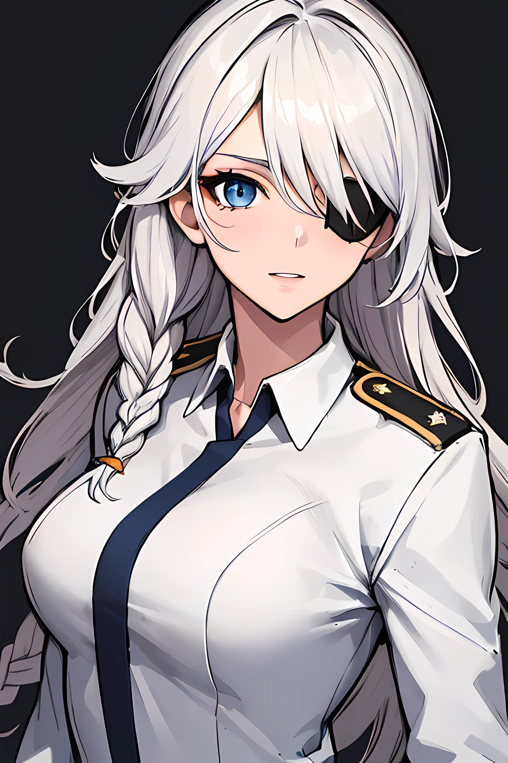 (absurdres, 8k, 4k, masterpiece, hyper extreme detailed:1.2), solo, 1girl, portrait, best quality, expressive eyes, perfect face, portrait, looking at viewer, solo, standing, casual wear, toned, white haired, eye patch, braided hair, long hair, medium breasts, scars, blue eyes, very long hair, military, cargo pants, white jacket, military,