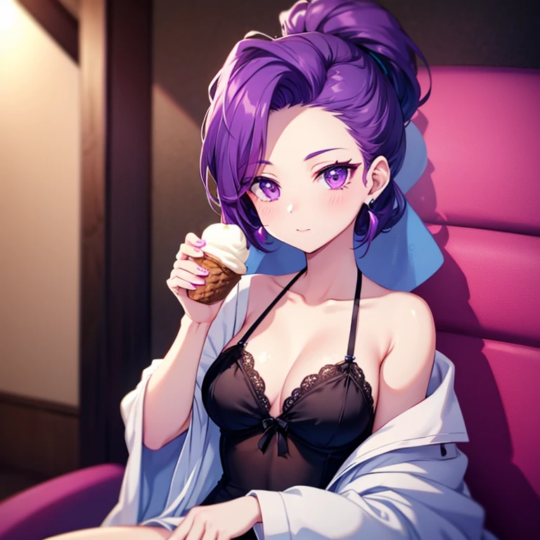 Sombra wearing lingerie eating ice cream